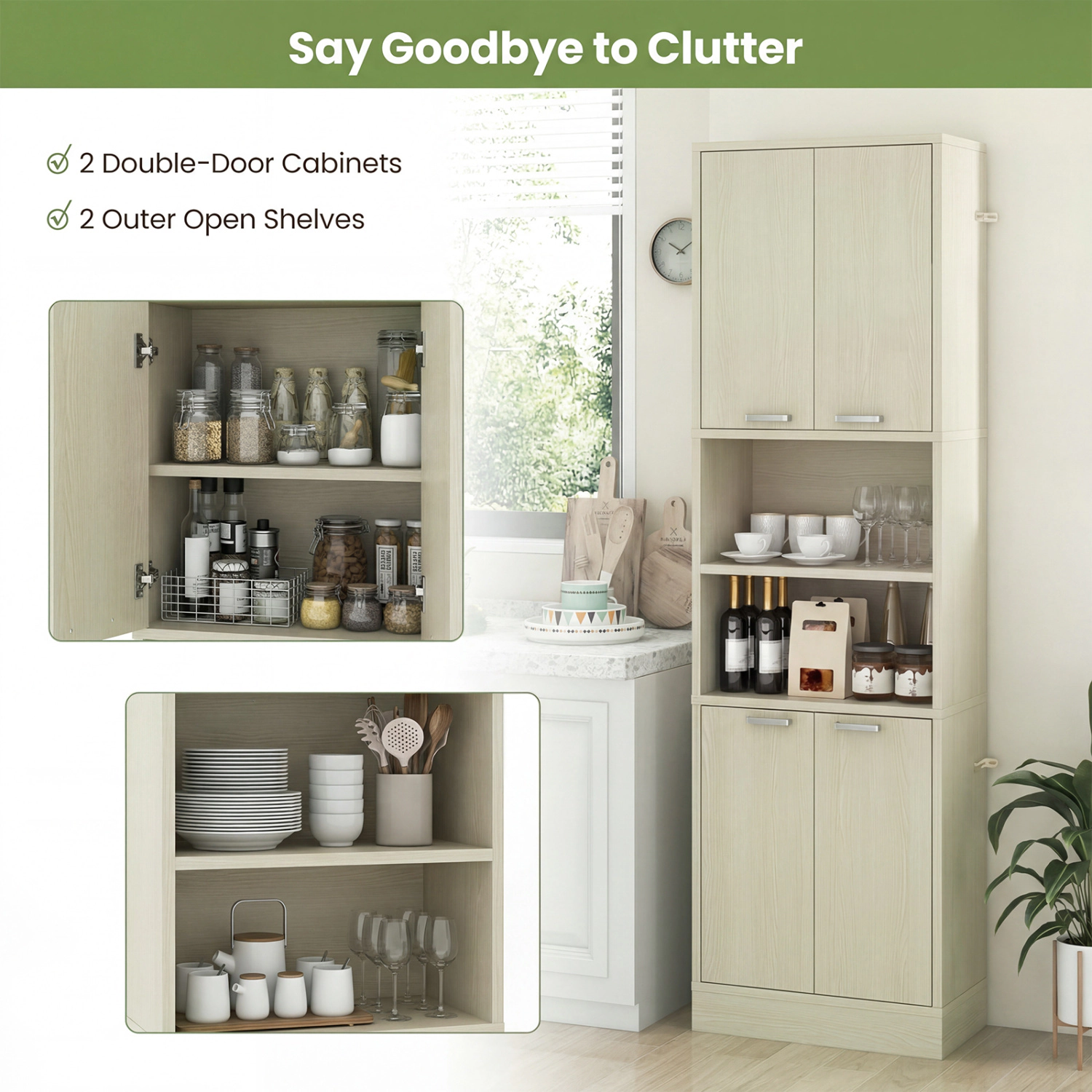 Glintex 75-Inch Tall Pantry Cabinet with 4 Doors and 2 Open Shelves, Light Oak