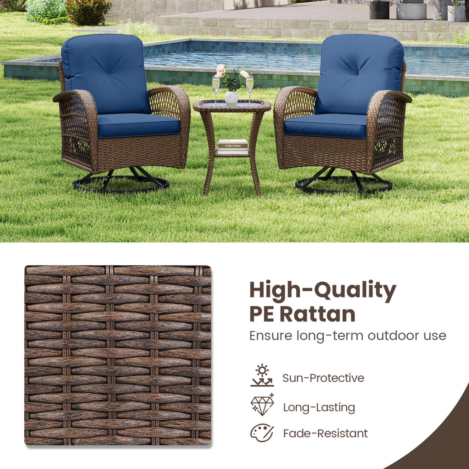 SUGIFT 3-Piece Brown Patio Furniture Set with 2 Swivel Rocker Chairs and 2-Tier Side Table 400-lb Per Seat