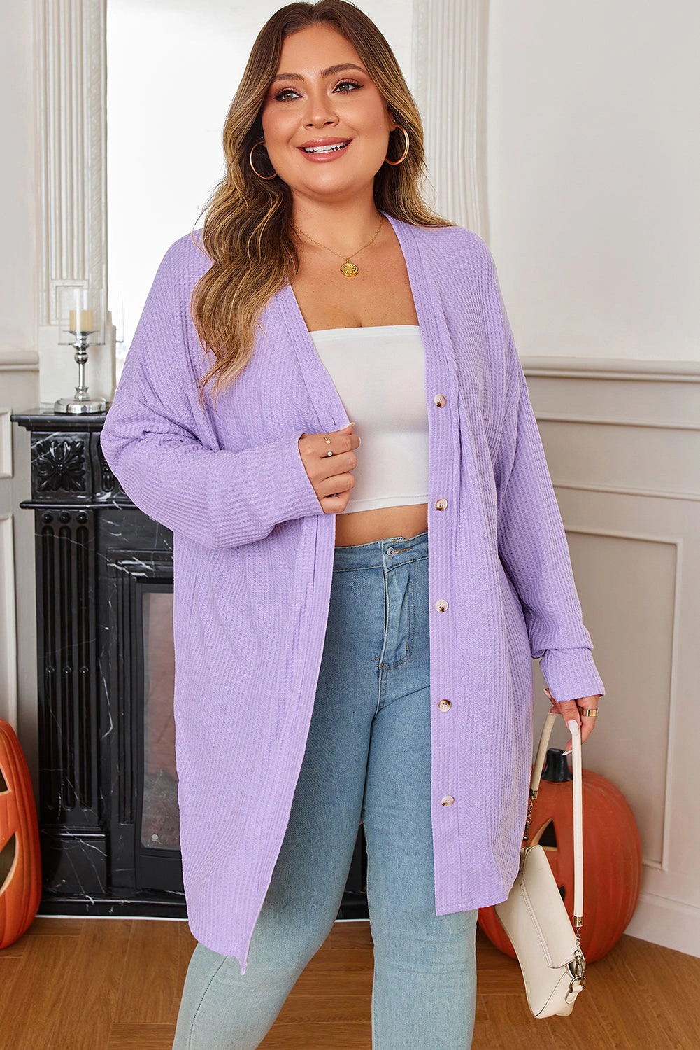 Threaded Pear Women's Rosie Waffle Knit Front PLUS Cardigan