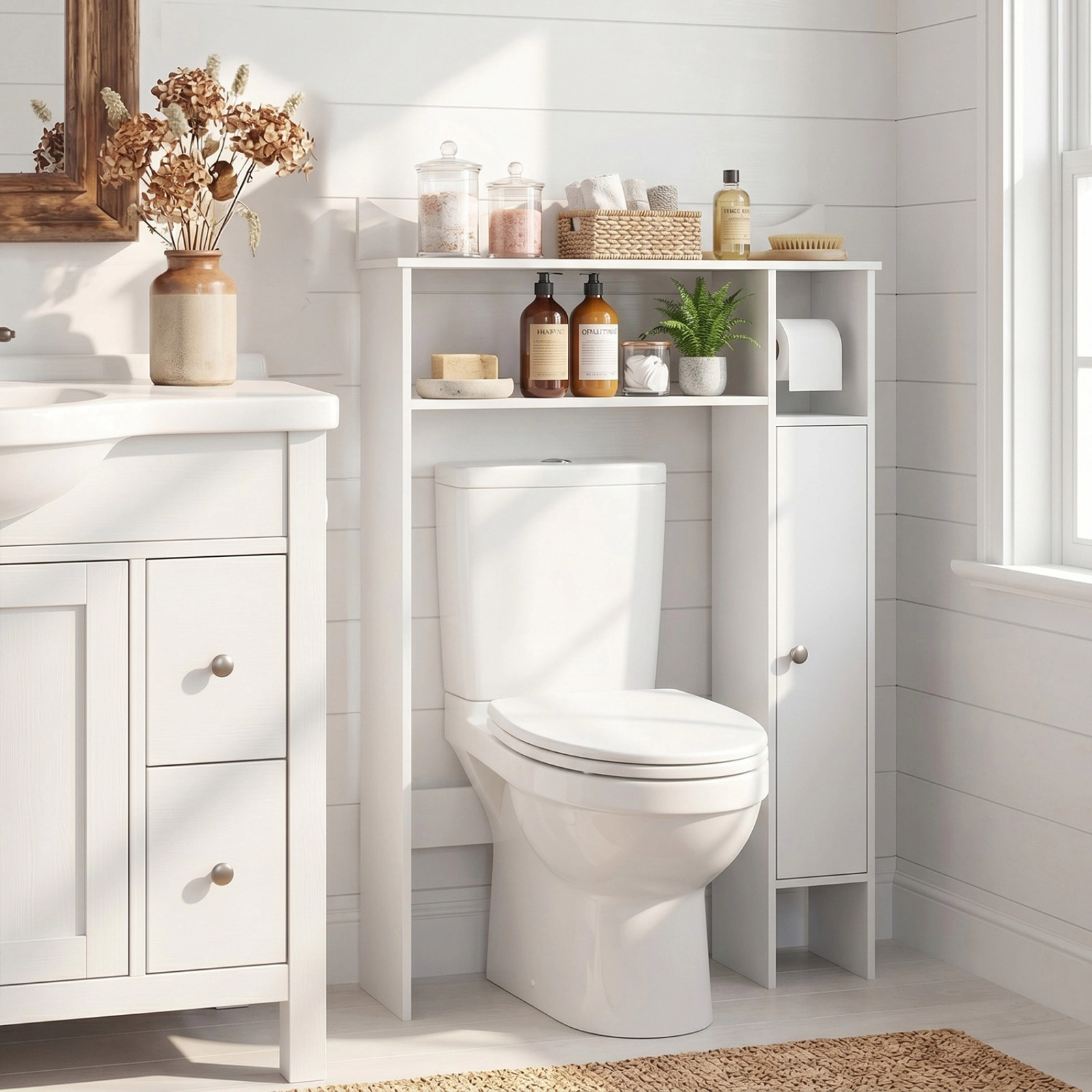 SUGIFT White 30-in Wide Wood Over the Toilet Bathroom Space Saver with Paper Holder and Side Cabinet