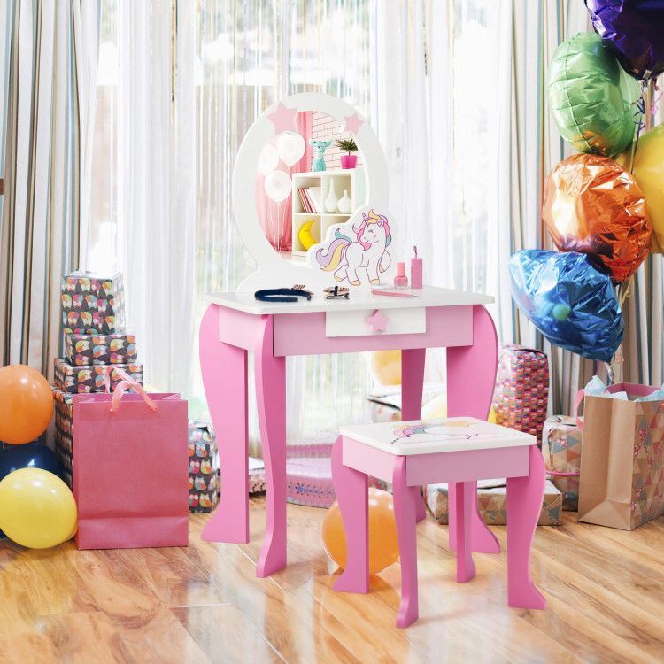 Hivvago Kids Wooden Makeup Dressing Table And Chair Set With Mirror Drawer