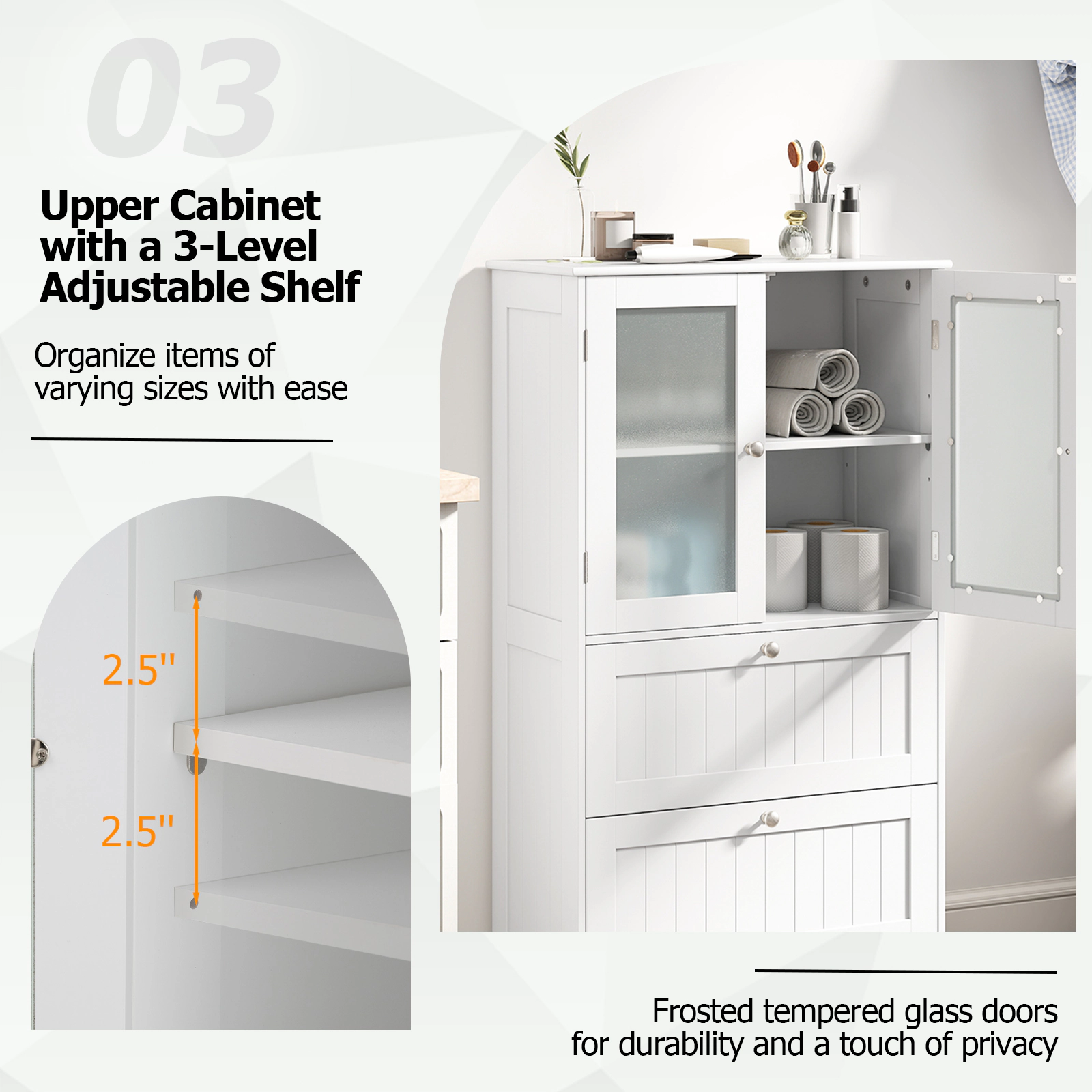 Slickblue White Glass Door Floor Storage Cabinet 2 Drawers Engineered Wood Countertop
