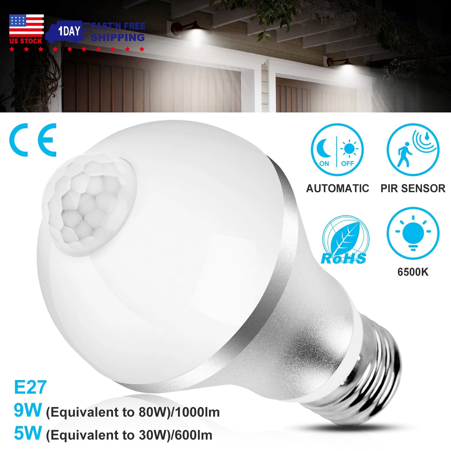 GBruno 9W Motion Sensor LED Light Bulb