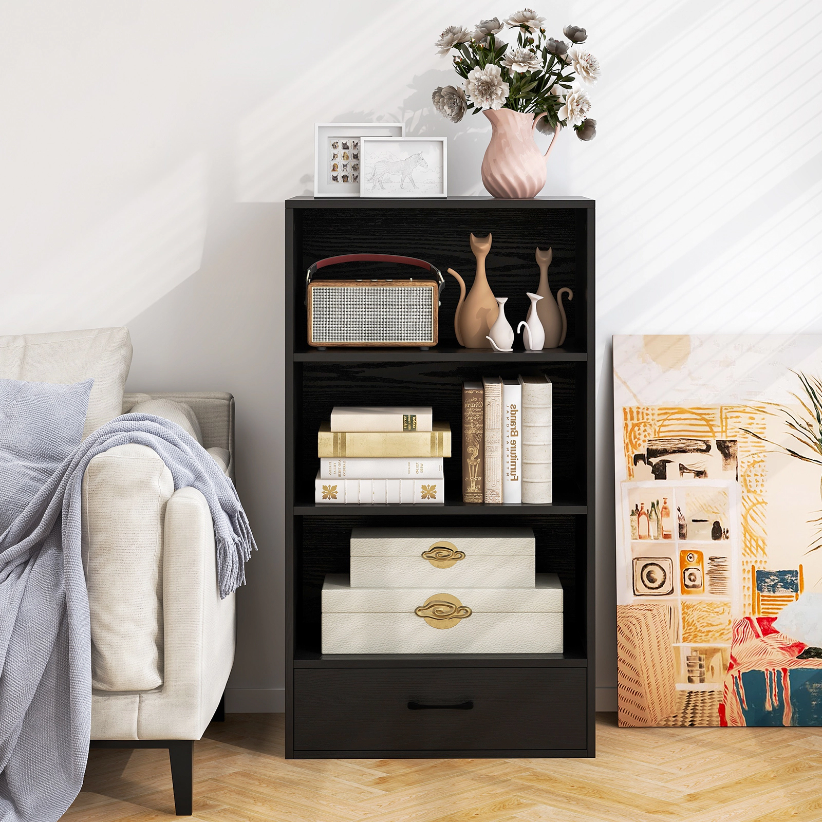 SUGIFT 4-Tier Natural Bookcase with Base Drawer and Anti-Toppling Device 24-in W 42.5-in H 44-lb Per Shelf