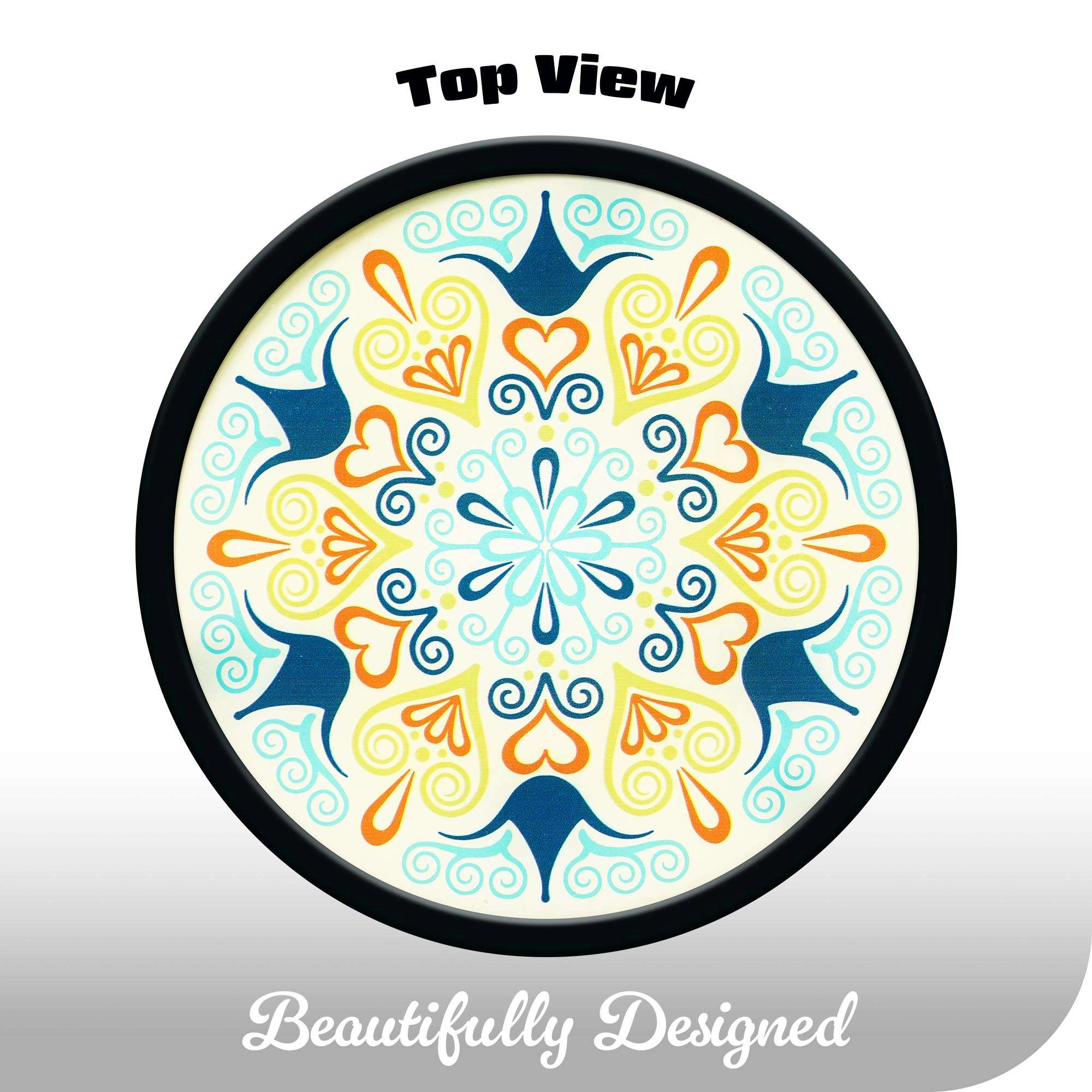 G128 12 in Round Glass Outdoor Side Table Green Mandala Pattern, Foldable Metal Plant Stand