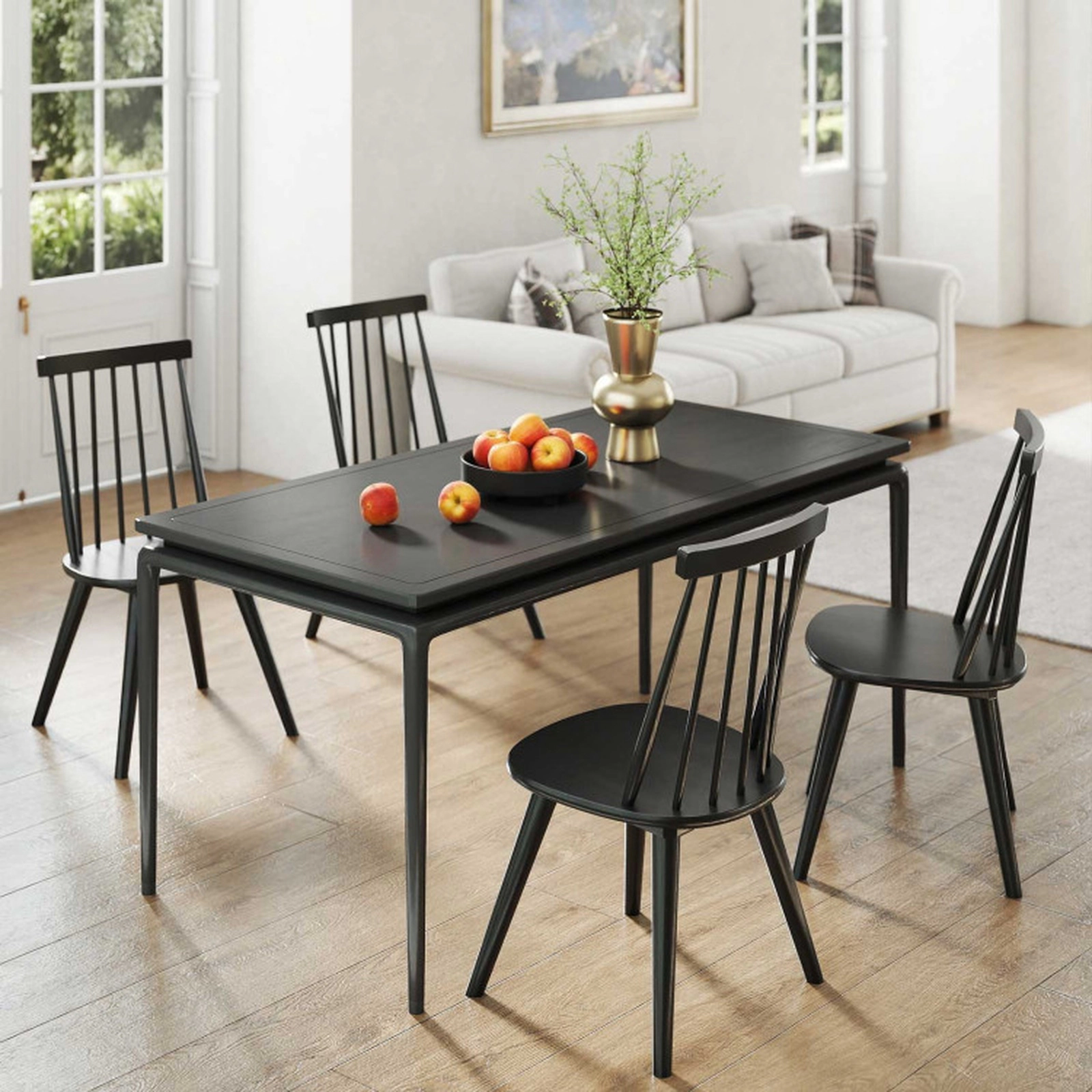 SUGIFT Set of 4 Black 330-lb Capacity Solid Rubber Wood Windsor Dining Chairs with High Spindle Back