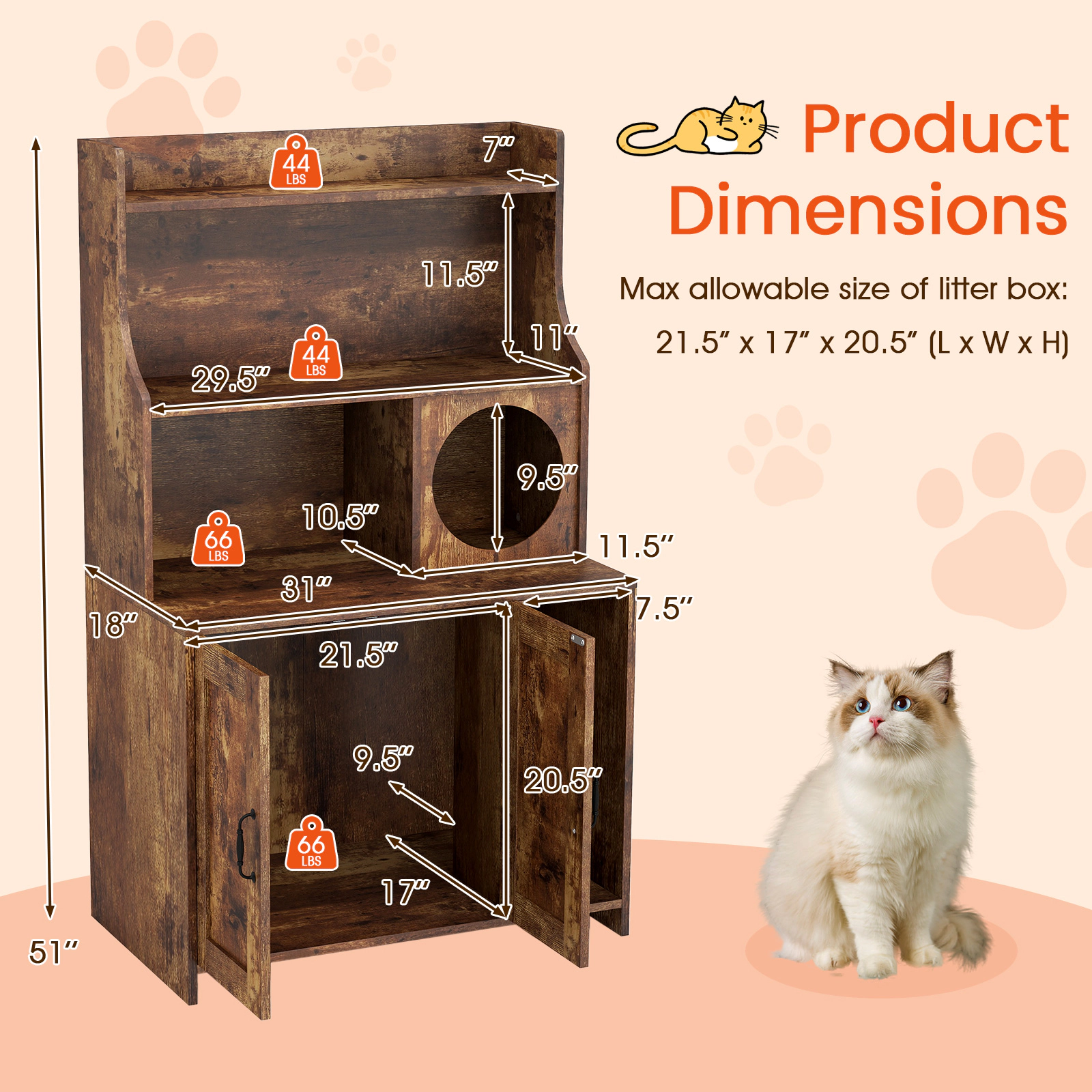 SUGIFT Modern Wooden Cat Litter Box Enclosure with Storage Shelves 66-lb Tabletop Capacity Brown