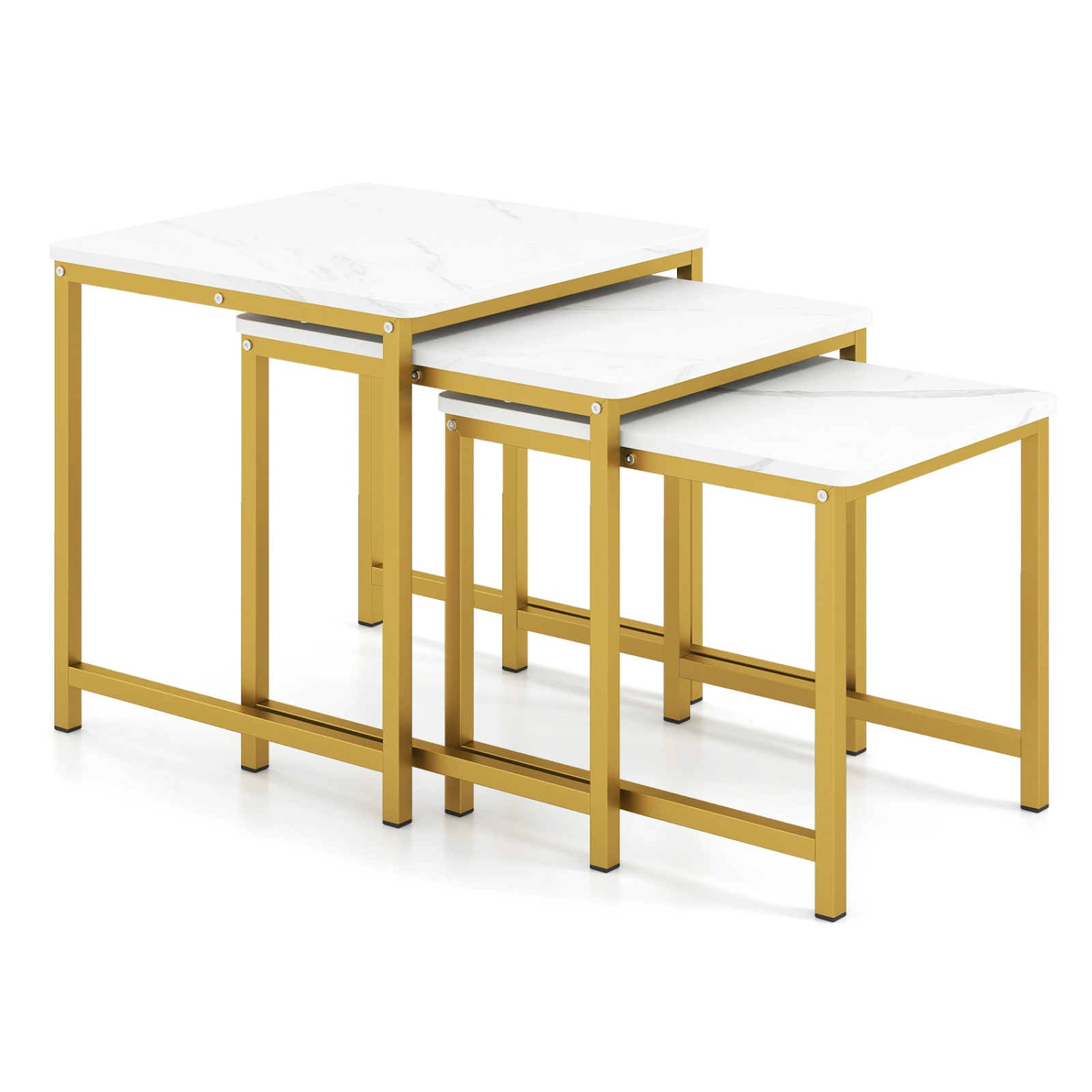 SUGIFT Faux Marble Nesting Accent Tables with Metal Frame Set of 3 90-lb Capacity White & Golden