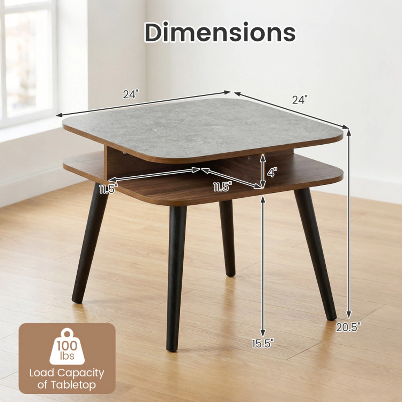 SUGIFT Walnut 24-In Square Faux Marble Side Table with 4-Sided Storage Shelves