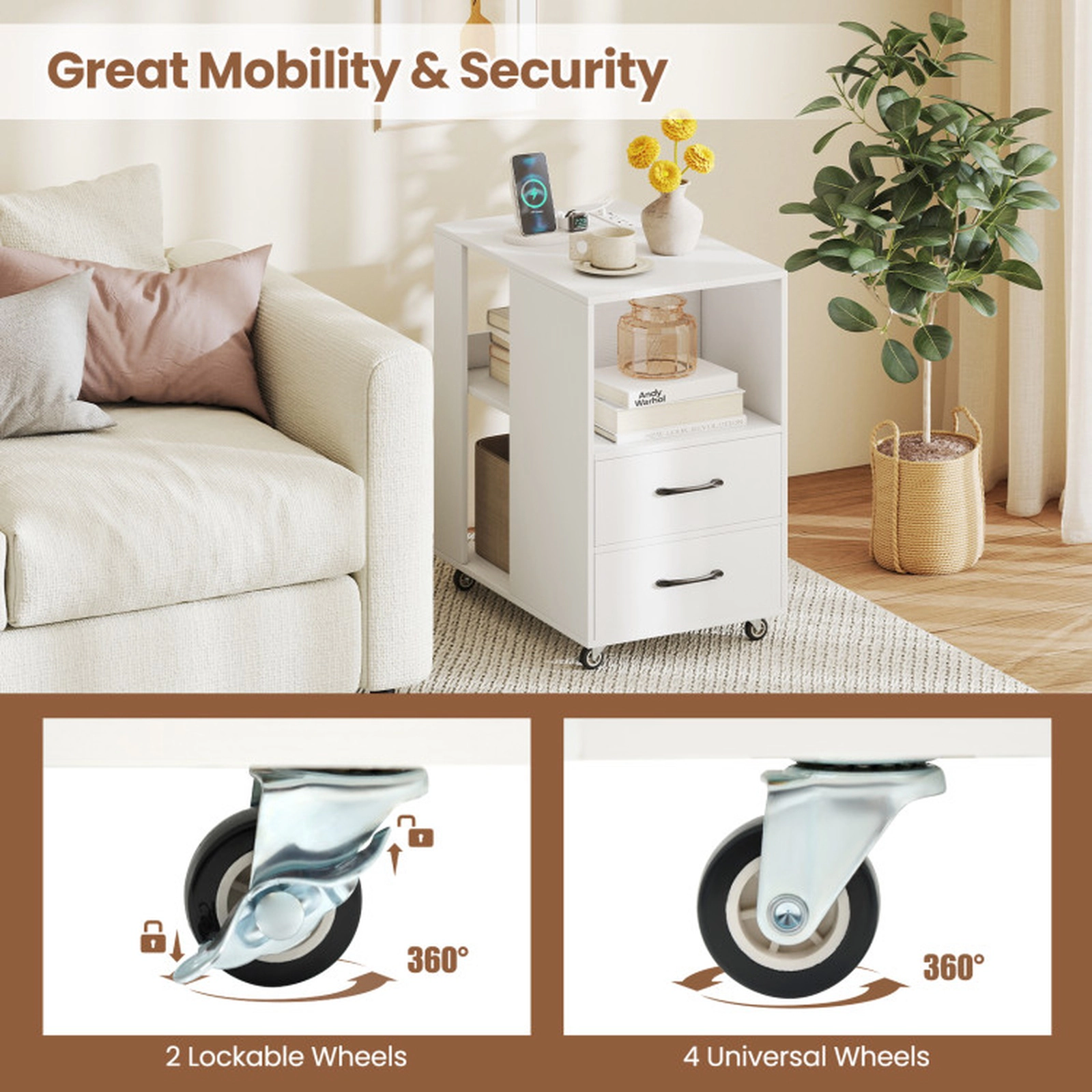 SUGIFT Built-In Charging Station 2 Drawers and Wheels White End Table