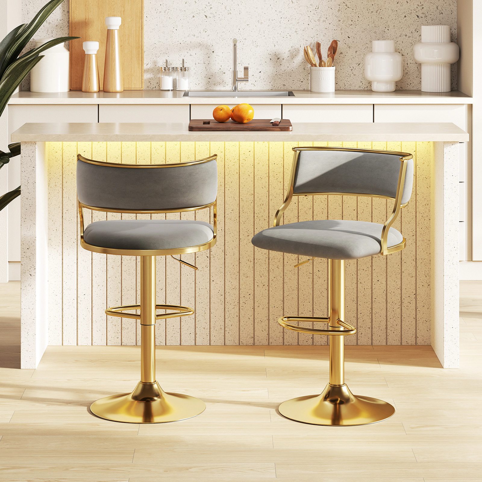 Glintex 2-Piece Adjustable Swivel Bar Stool Set with Dutch Velvet Upholstery, Gray + Gold