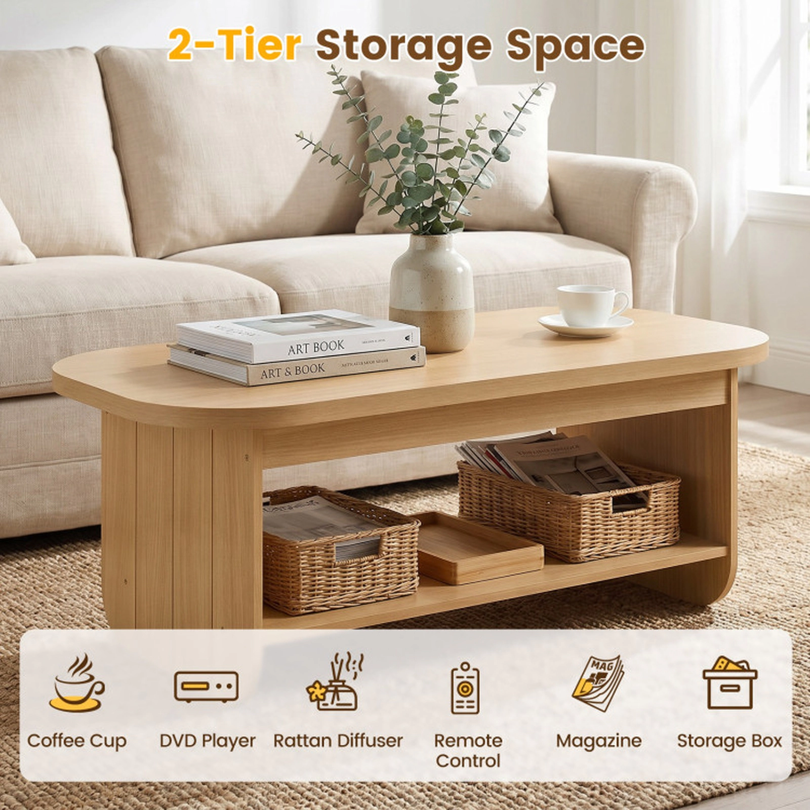 SUGIFT 2-Tier Oval Fluted Engineered Wood Mid Century Coffee Table 47-in x 24-in x 17.5-in 132-lb Capacity Natural