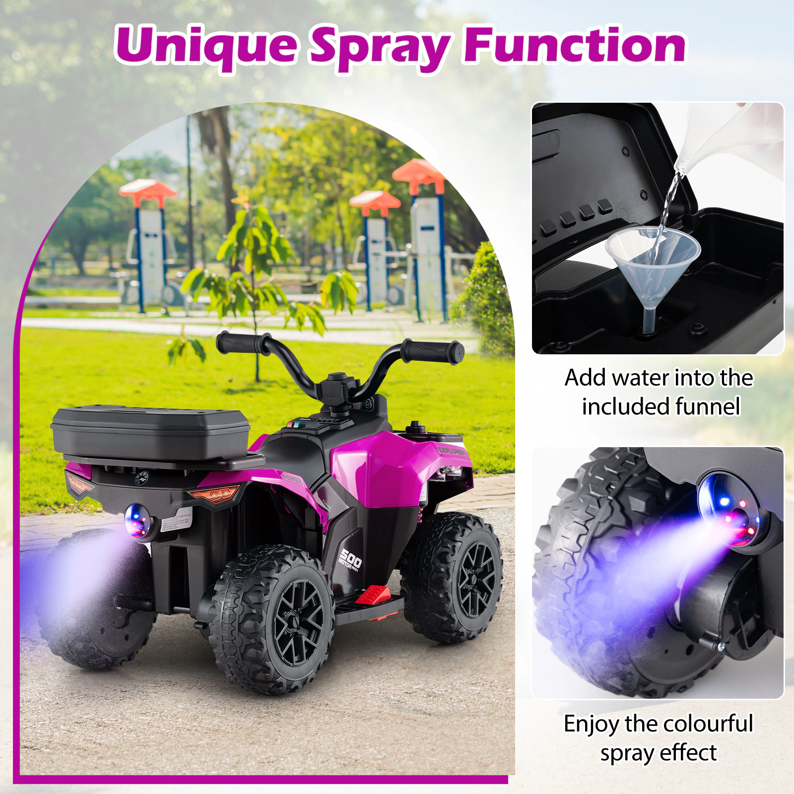 SUGIFT 6V Kids Ride On ATV with Spray Function and Storage Box 44-lb Capacity Ages 18 Months and Up 27-in Long Pink