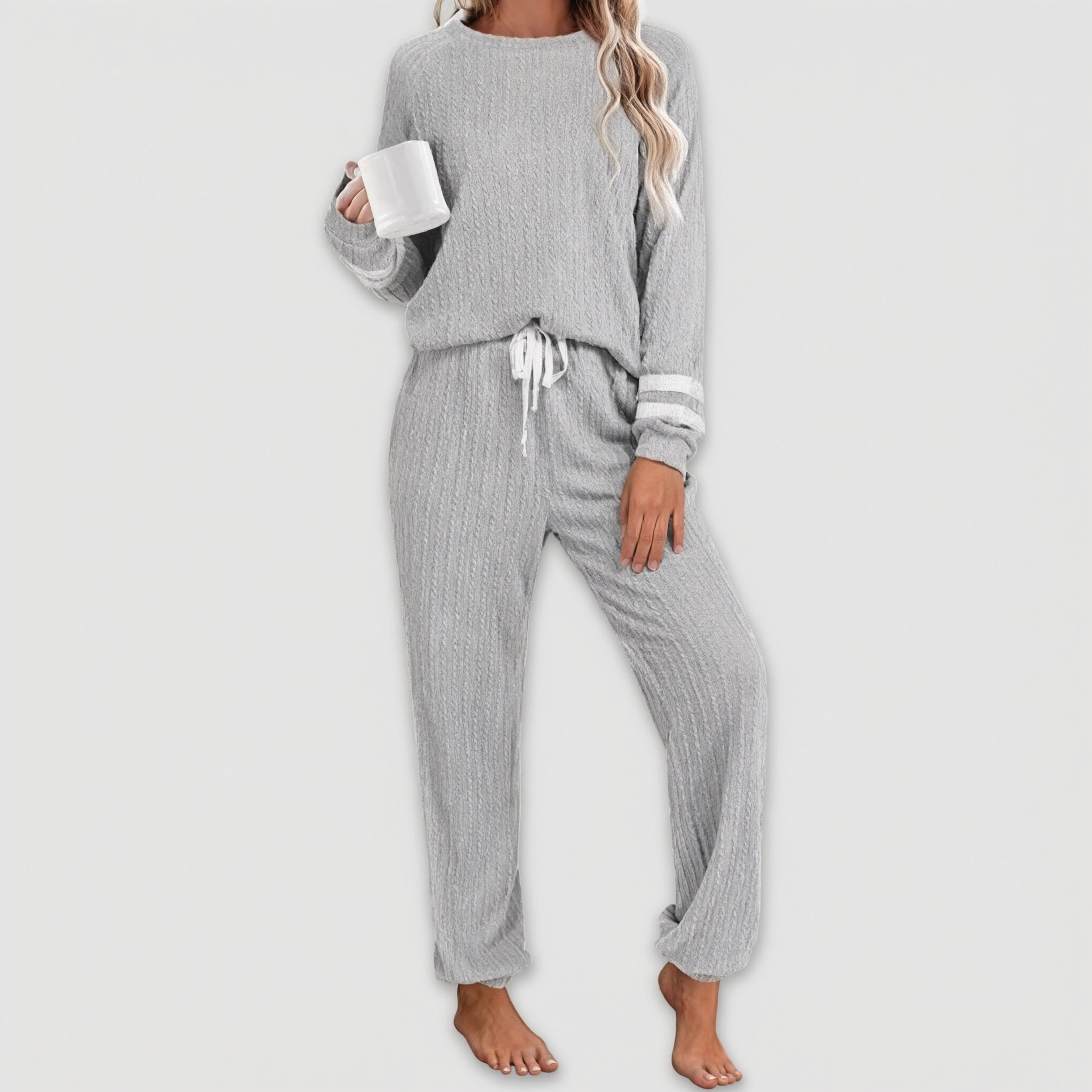 Ekouaer Lounge Sets Ribbed Knit Outfits Pajamas Two Piece Long Sleeve Sweatsuits with Pockets