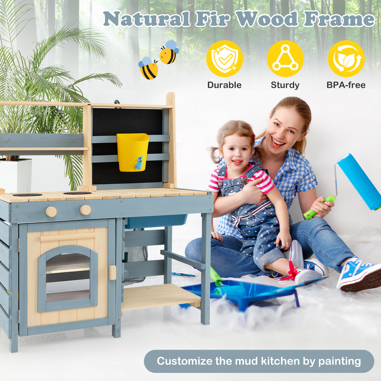 SUGIFT 2-in-1 Kids Wooden Mud Kitchen and Grocery Store Playset with Faucet Water Tank and Chalkboard