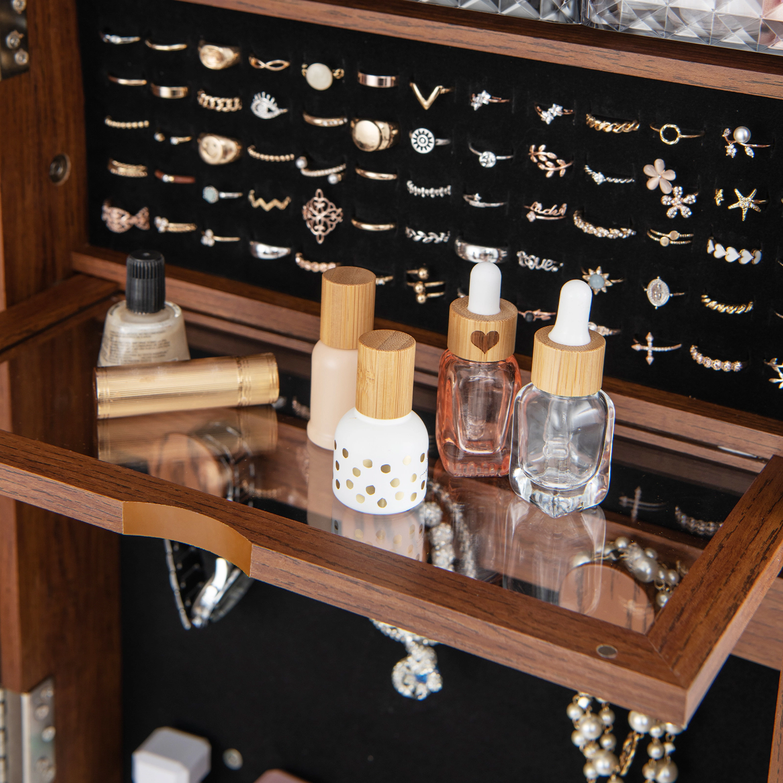 SUGIFT Walnut 360-Degree Swivel Lockable Jewelry Cabinet with Full-Length Mirror LED Lights and Dryer Holder