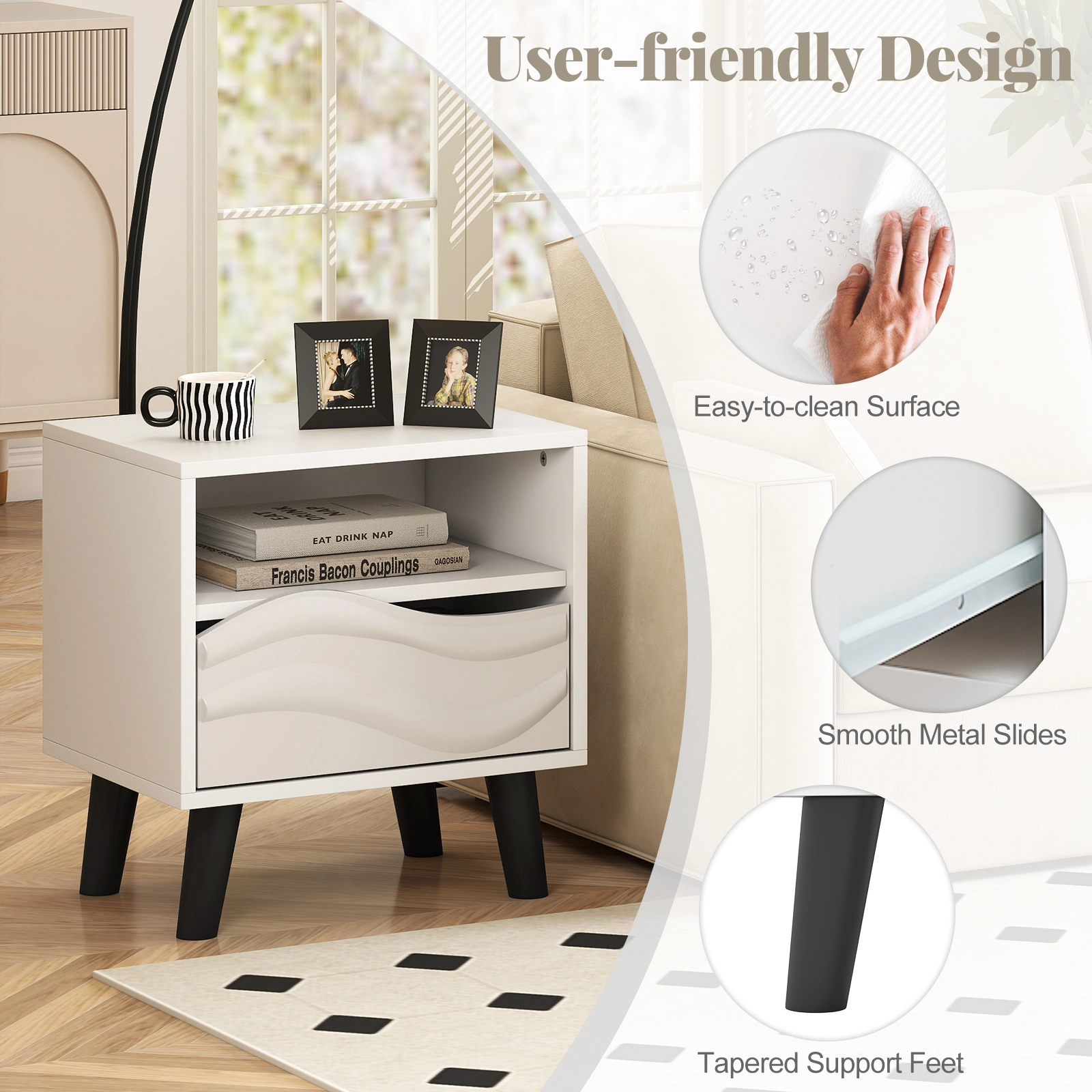 Glintex Mid-Century Nightstand with 3D Wavy Drawer Front and Open Shelf, White