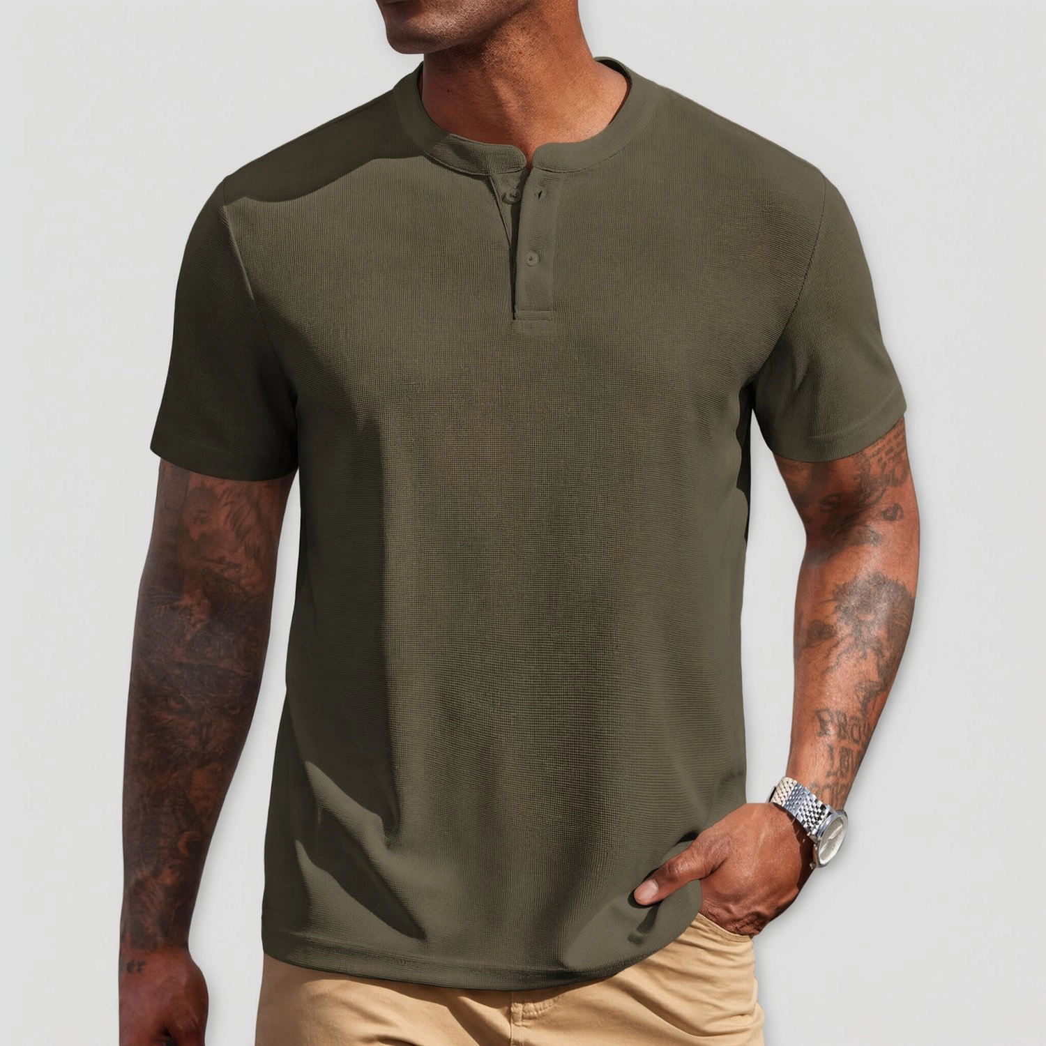 COOFANDY Mens Casual Short Sleeve Henley Shirt Band Collar Button Placket Solid Tee