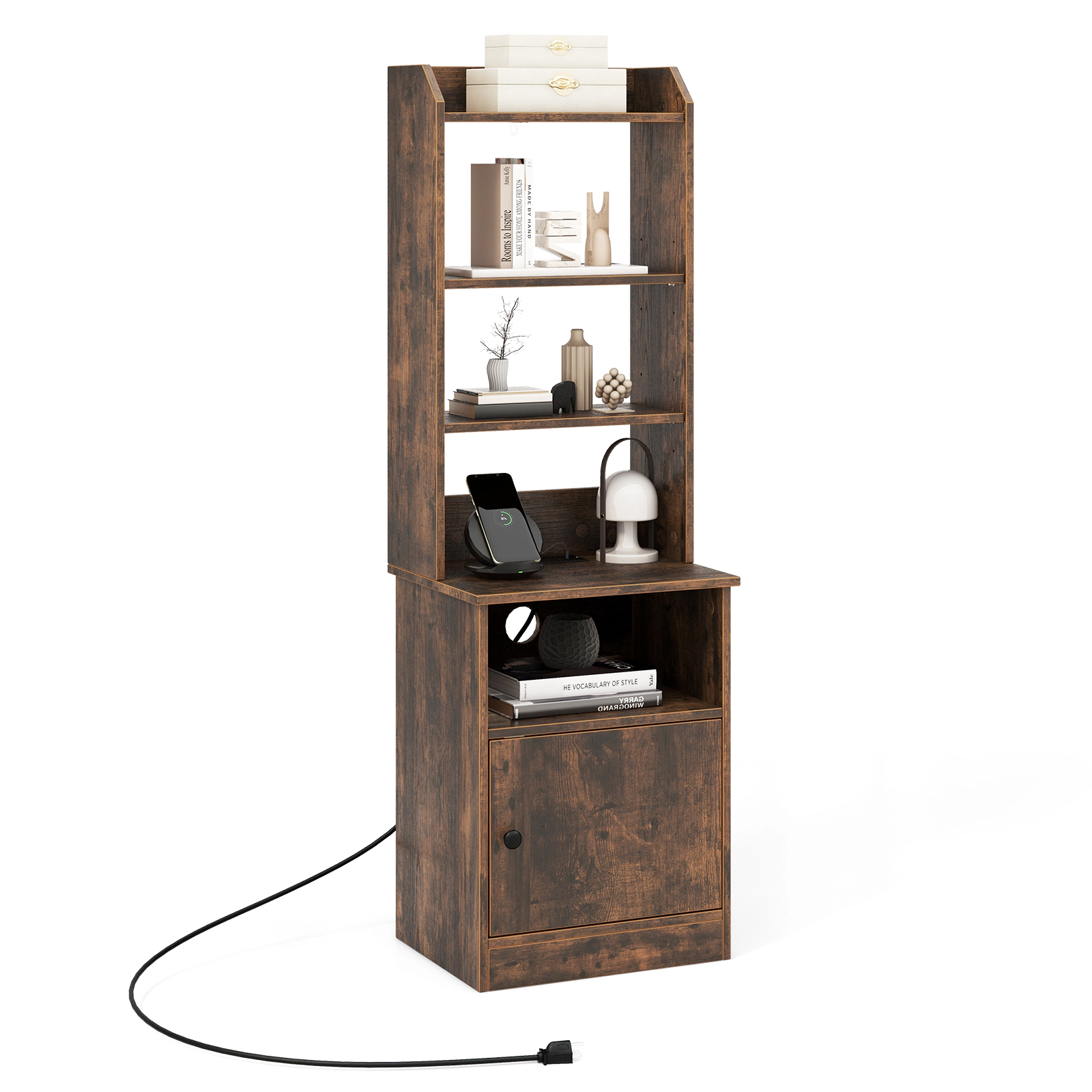 SUGIFT 6-Tier Rustic Brown 56-in Tall Bookshelf Nightstand with Charging Station 2 USB Ports and Cabinet