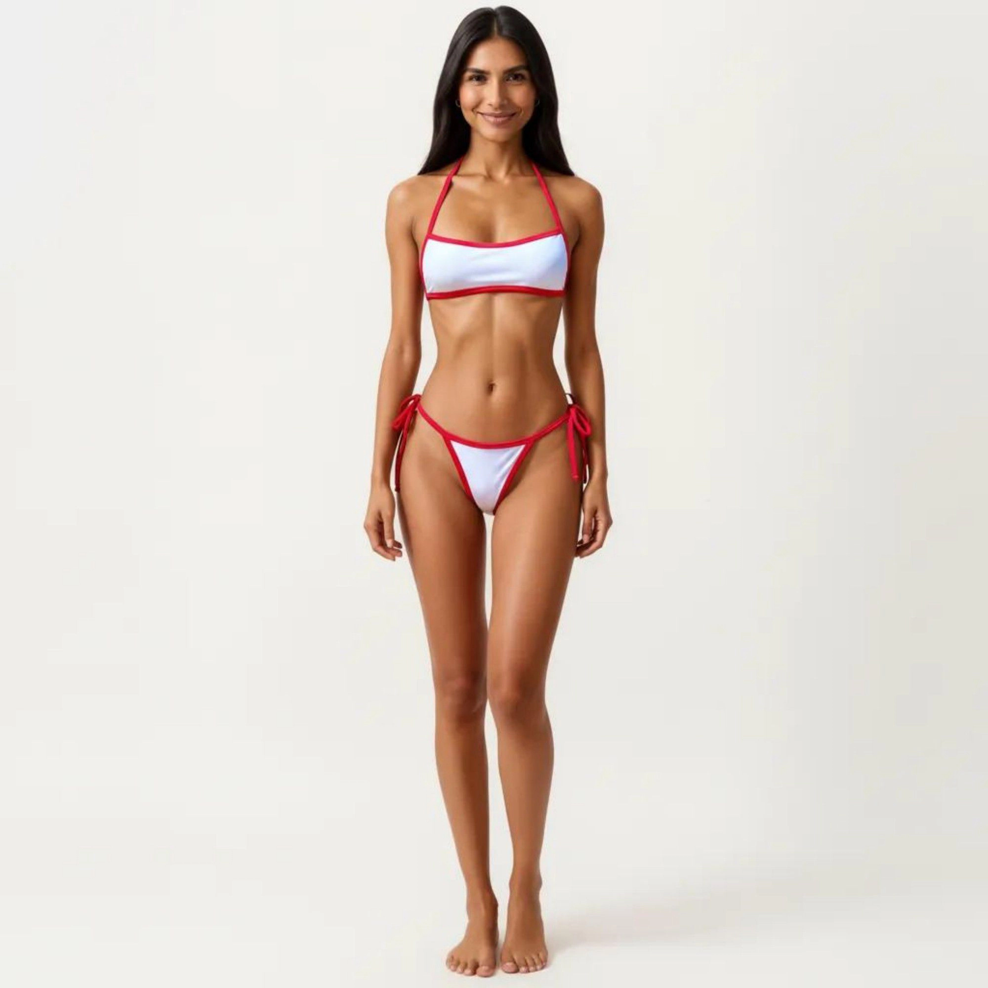 Anna-Kaci Women's 2-Piece Bikini Set with Straight Neck Sporty Top Contrast Trim Design Tie Side Bottom