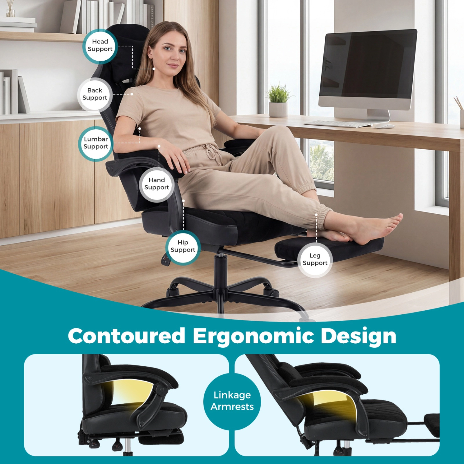 SUGIFT Ergonomic Suede Gaming Computer Chair with Headrest Lumbar Support Linkage Armrests 330-lb Capacity Black