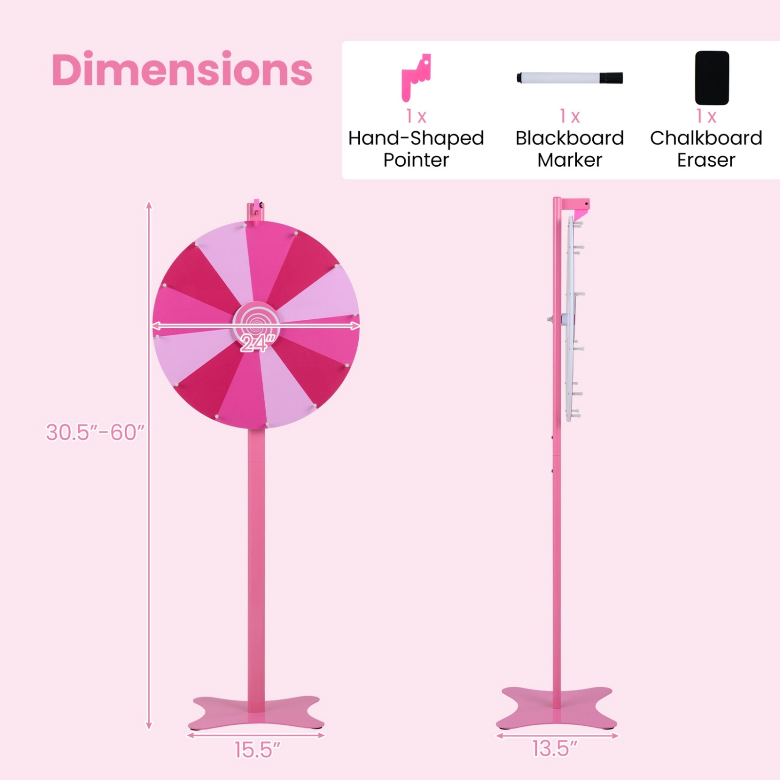 SUGIFT Adjustable 24-in Prize Wheel Game with Blackboard Marker and Eraser for Tabletop or Floor Use Pink