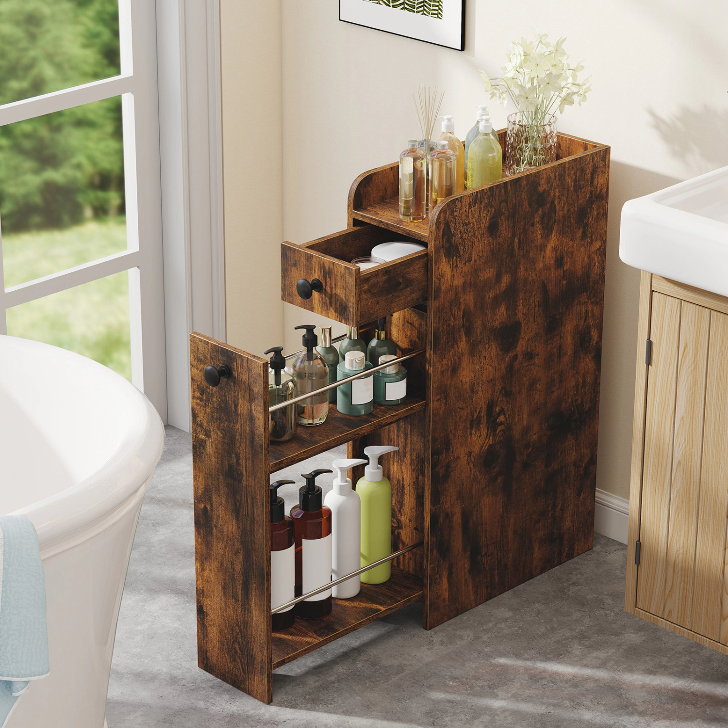 Glintex 4-Tier Slim Bathroom Cabinet with Slide-Out Drawer on Casters, Brown