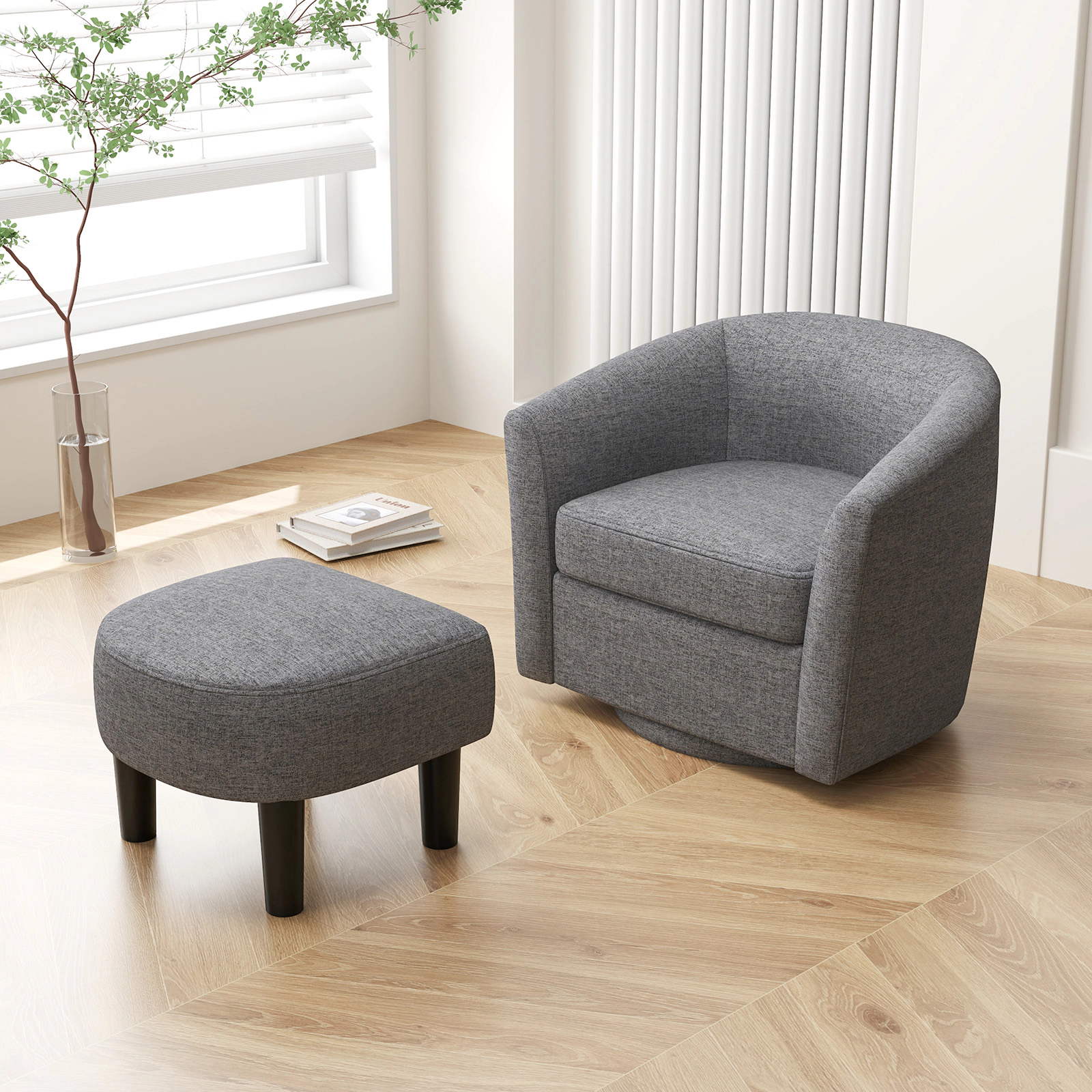 LJG Modern Club Swivel Accent Chair with Ottoman Footrest Curved Backrest