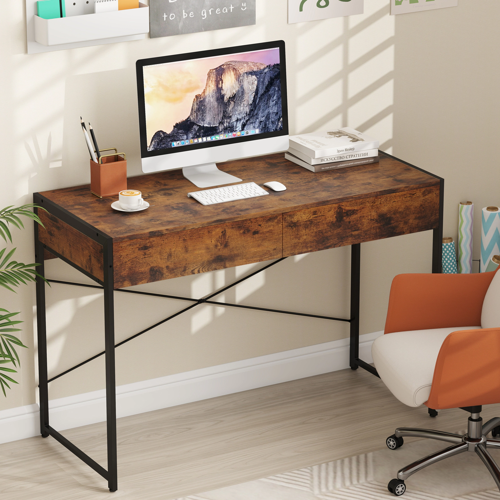 SUGIFT 2-Drawer Home Office Writing Desk Steel Frame 200-lb Tabletop Capacity 25-lb Drawer Capacity 44-in Wide Brown