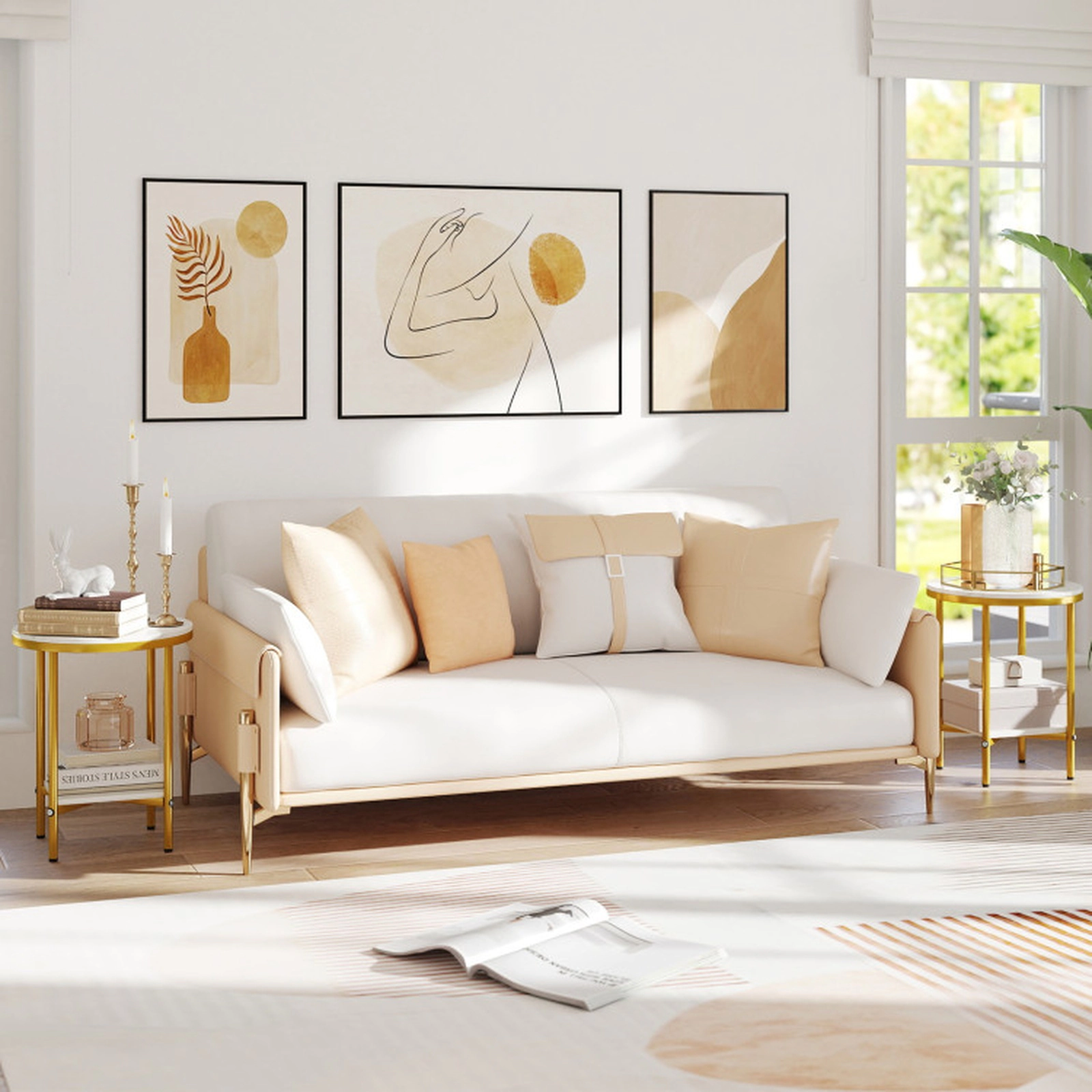 SUGIFT Faux Marble Top and Storage Shelf 2-Tier White and Gold Round Coffee Table