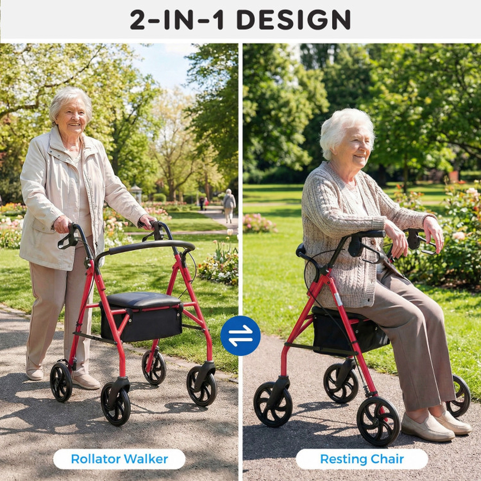 SUGIFT Height Adjustable Rollator Walker Folding Chair with Seat and Storage Bag 220-lb Capacity Red