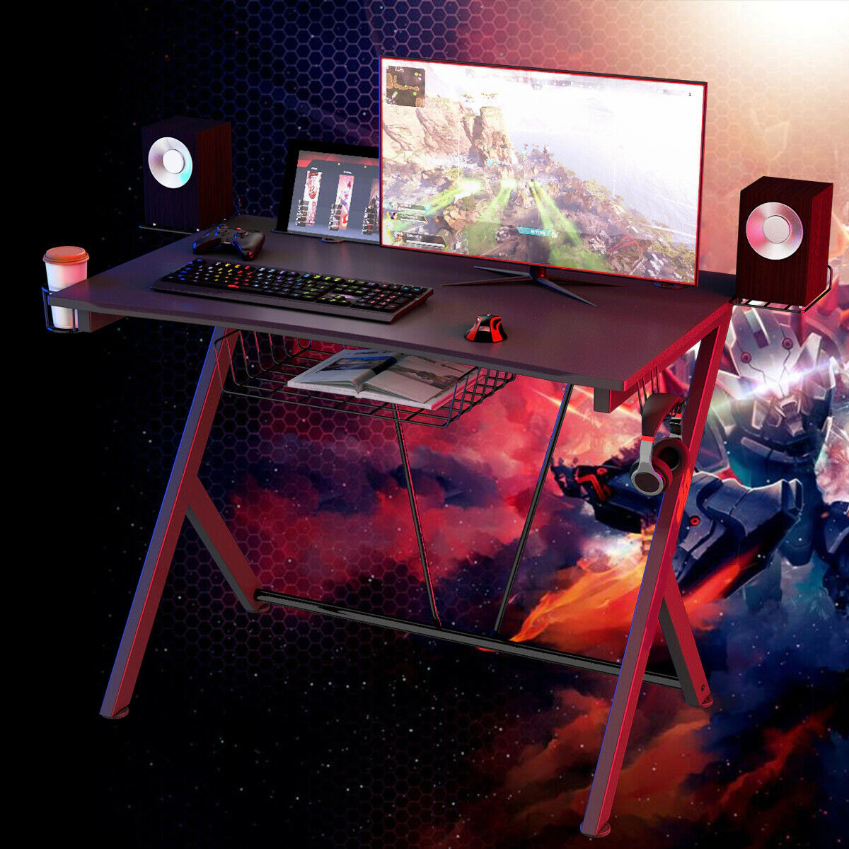 SUGIFT 52-Inch Black Curved Gaming Desk with Cup Holder and Monitor Shelf