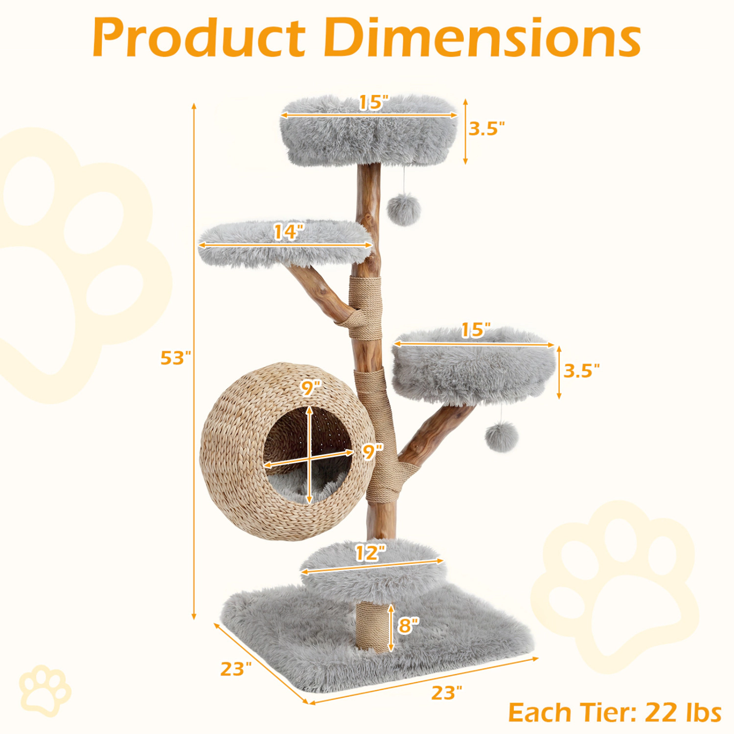 LJG 5-Tier Wooden Cat Tree with Woven Condo Plush Perches Jute Posts & Balls