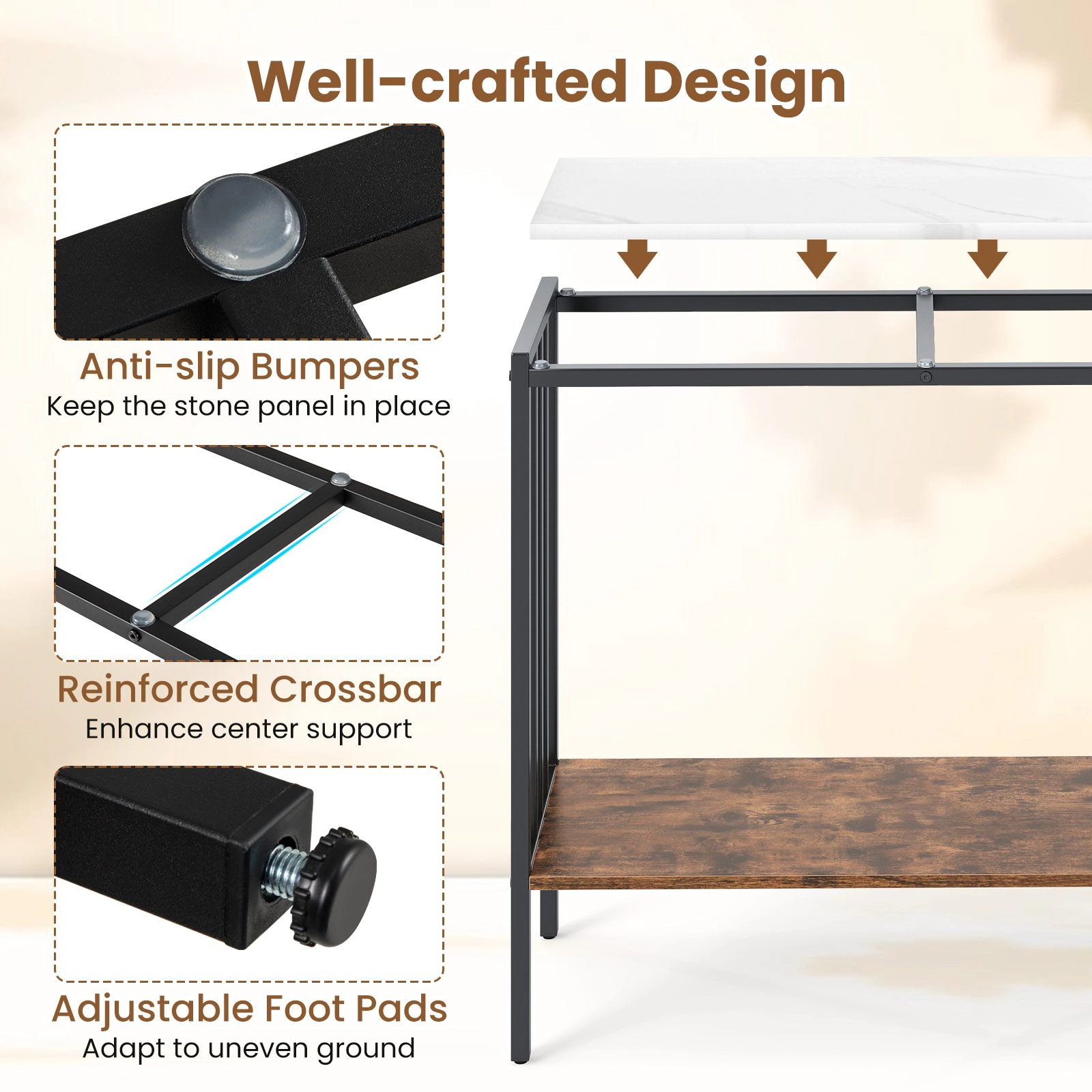 SlickBlue Modern Console Table with Sintered Stone Top and Shelf