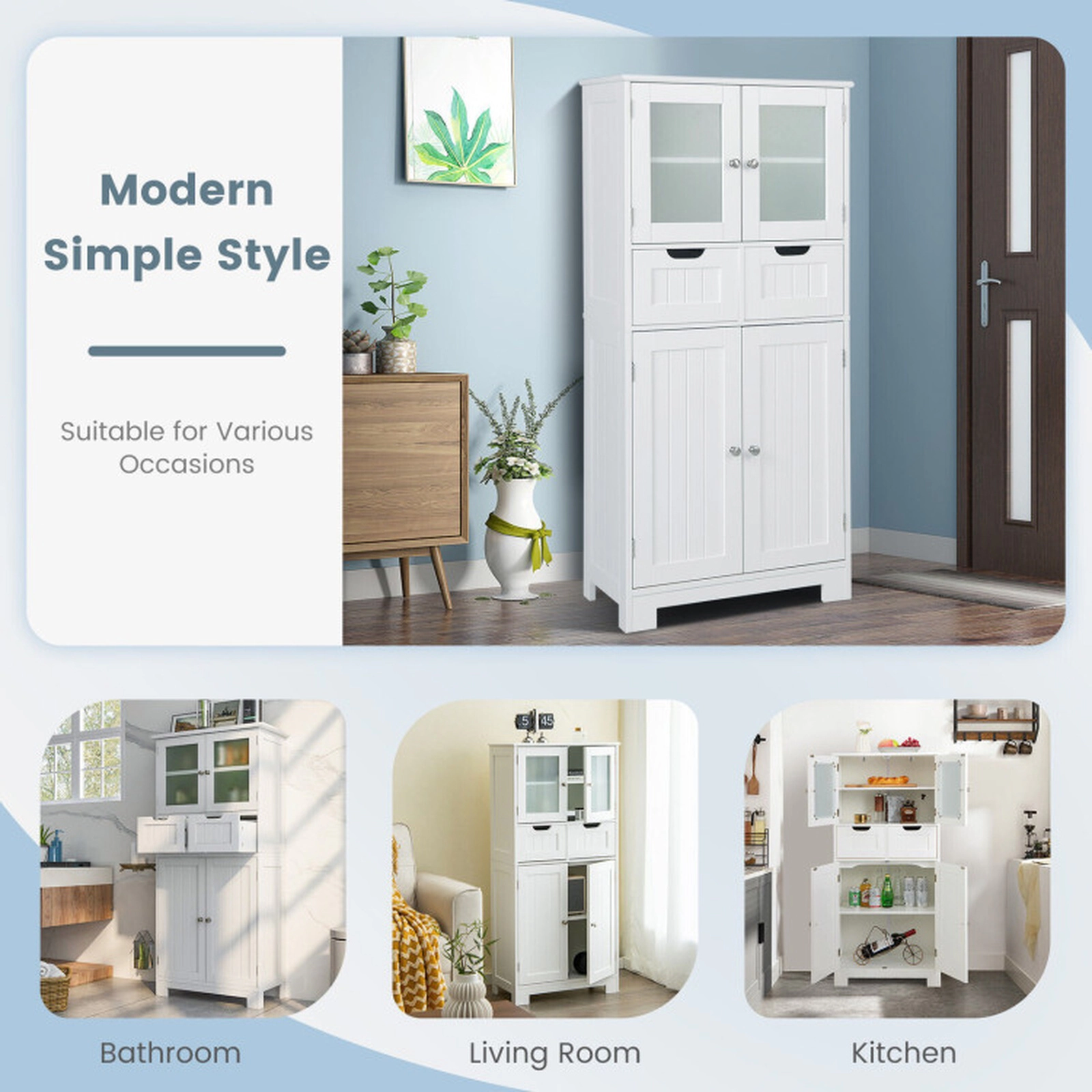 SUGIFT 3-Tier Free-Standing Bathroom Cabinet with 2 Drawers and Tempered Glass Doors 33-lb Shelf Capacity White