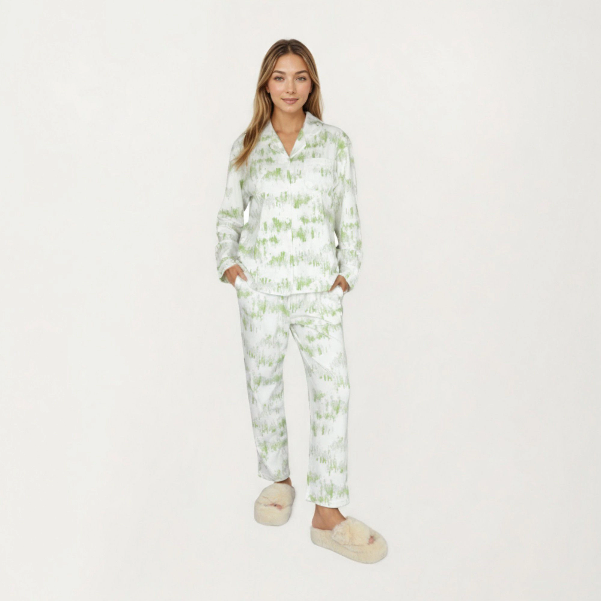 Anna-Kaci Women's 2-Piece Built-In Chest Pads Top and Relaxed Fit Pants Pajama Set with Brushstroke Print