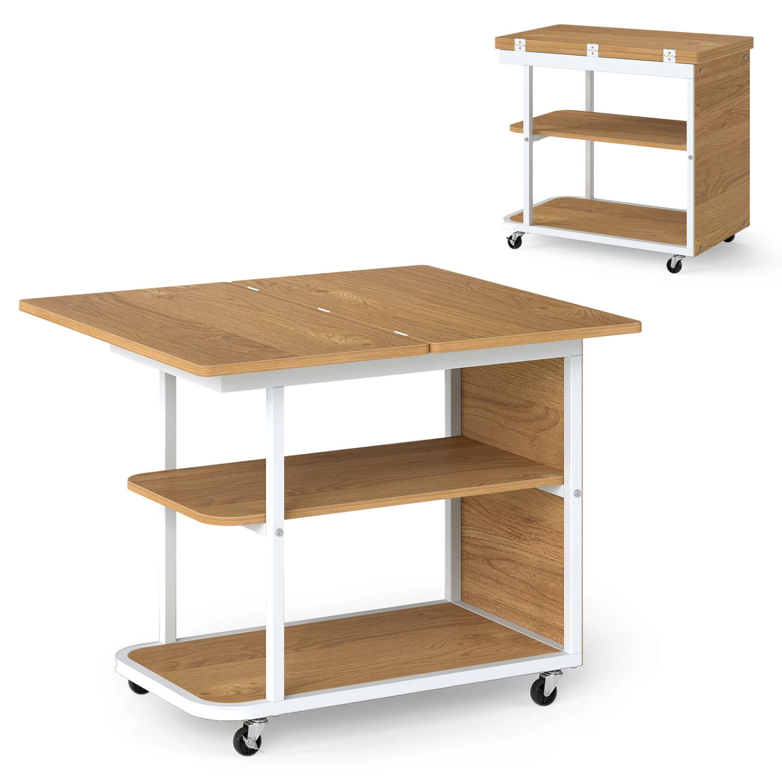 SUGIFT Mobile Night Stand with Foldable Swivel Top and 2-Tier Shelf 100-lb Tabletop Capacity Natural & White