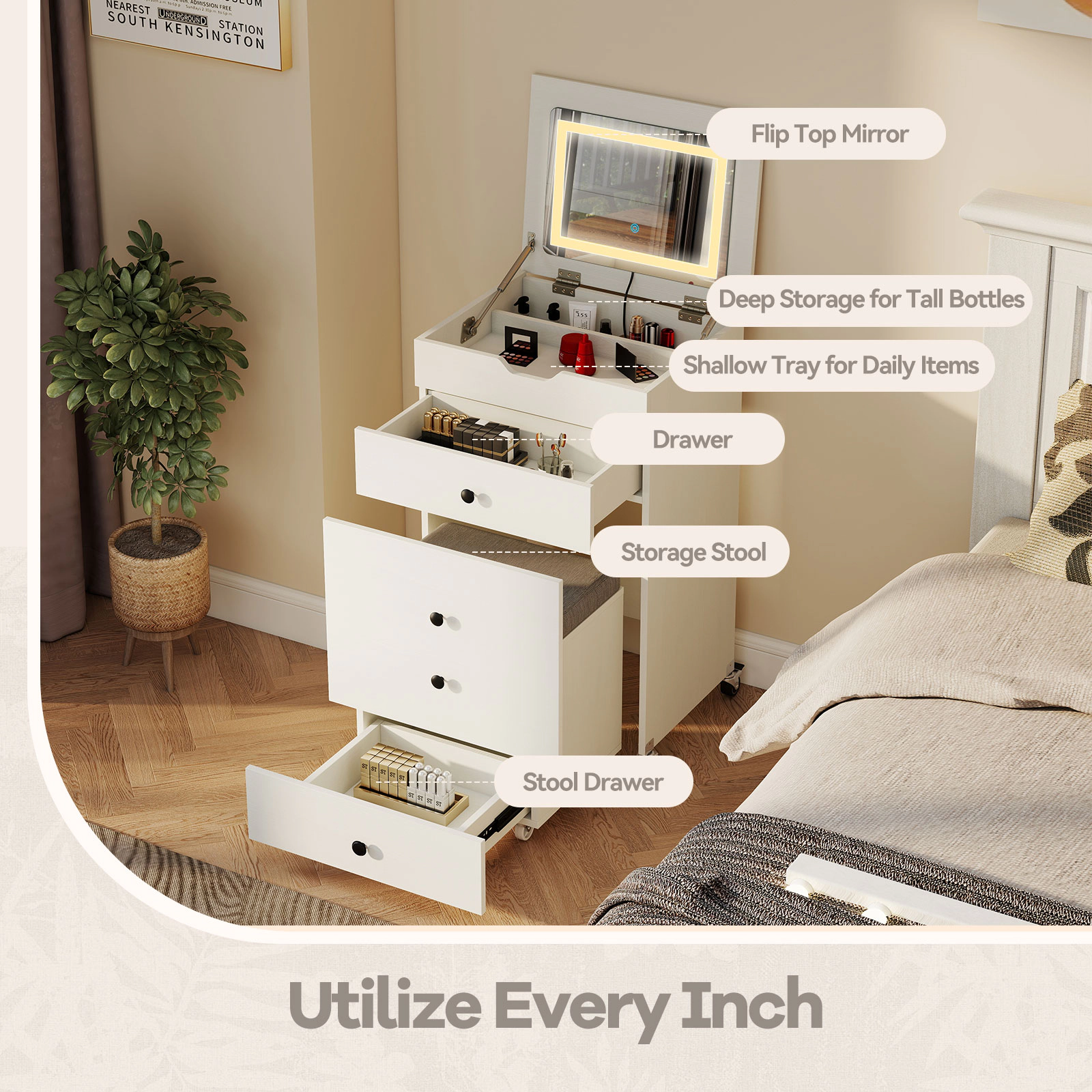 Hivvago 3-In-1 Small Vanity Desk Set With Flip-Top Mirror And Lights With Drawers And Stool