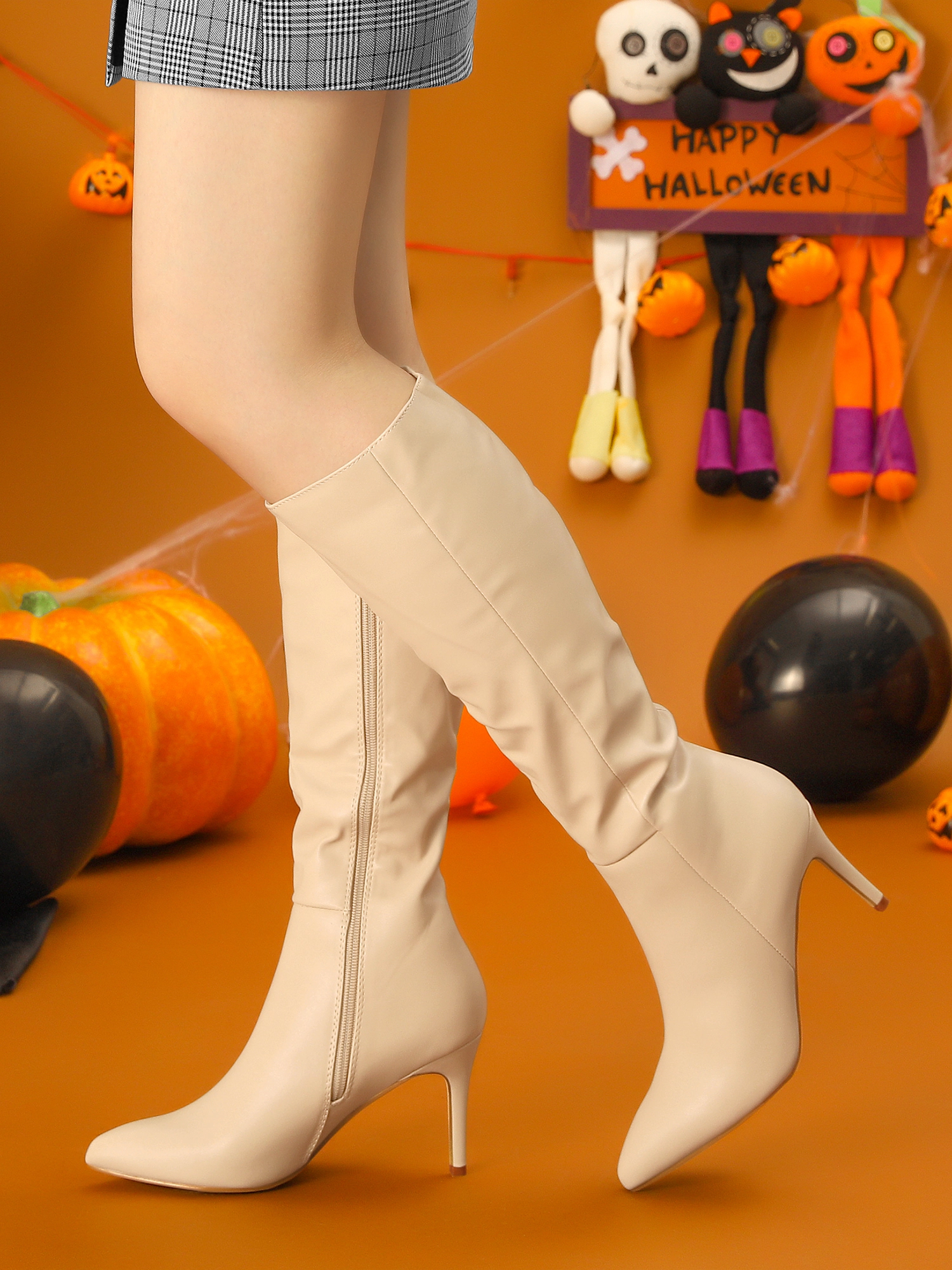 BLISSFUL STEP Women's Pointed Toe Stiletto Heel Knee High Faux Leather Boots