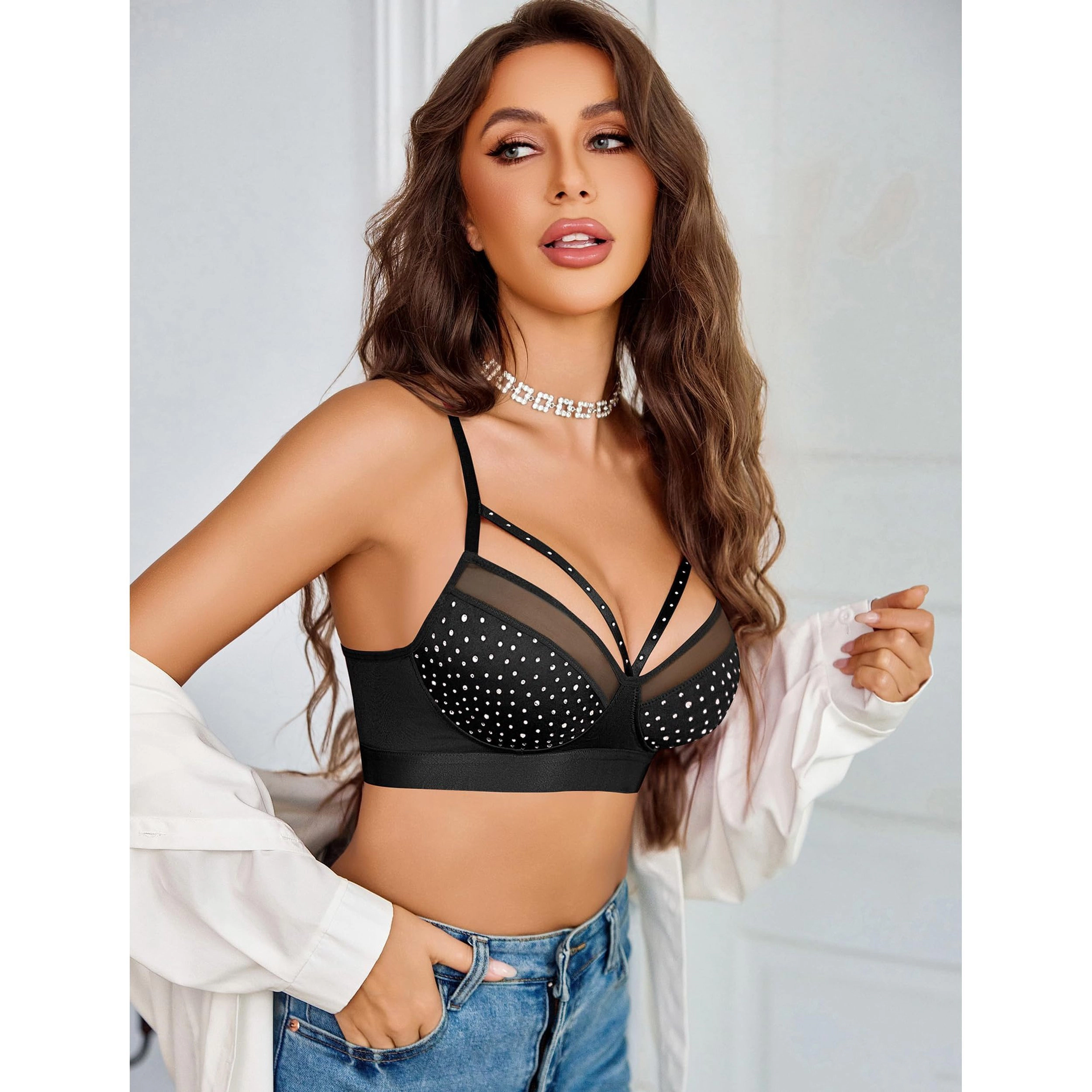 Avidlove Women's Rhinestone Wireless Unlined V Neck Bralette