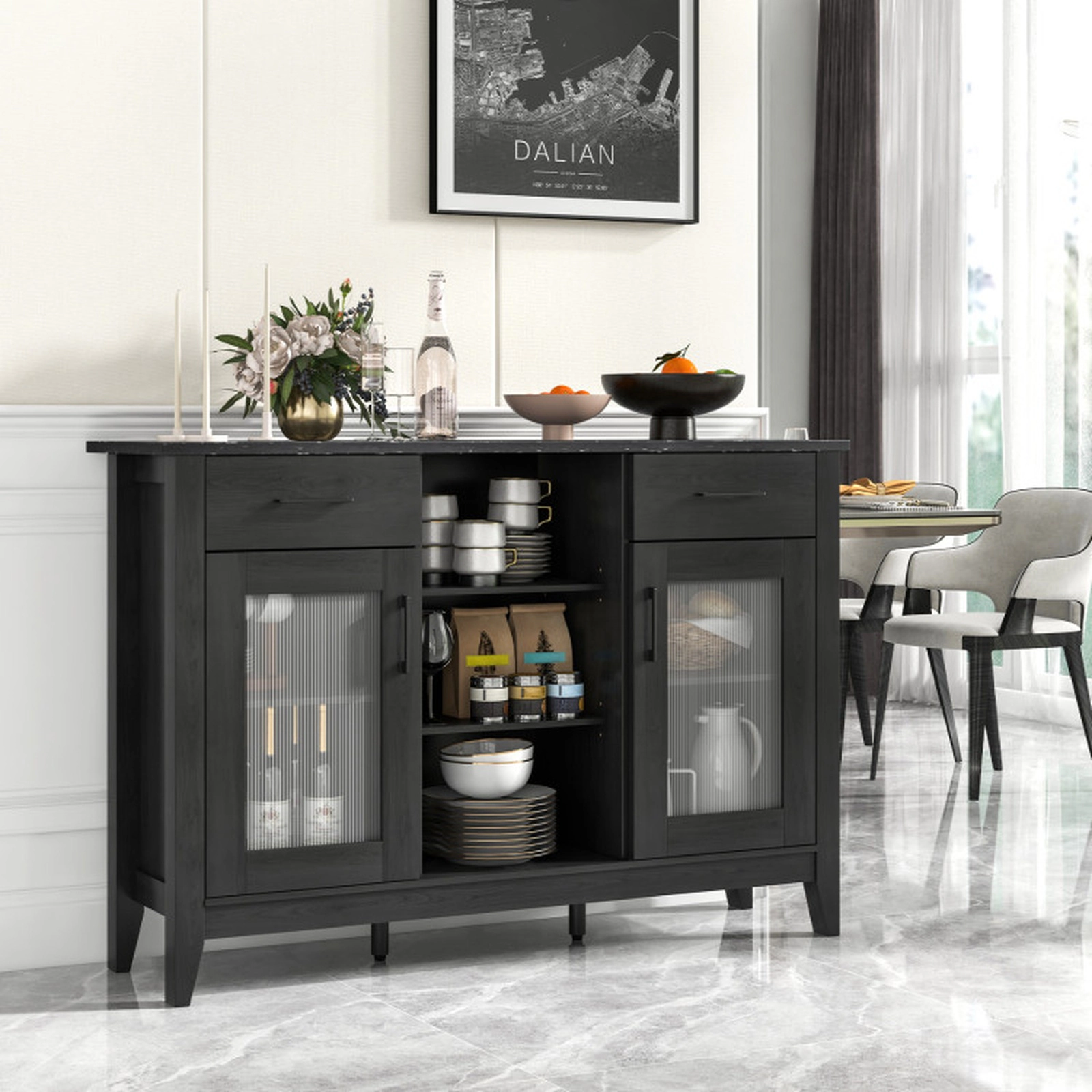 SUGIFT 2-Drawer Faux Marble Top Glass Doors Sideboard Buffet Cabinet 52-in x 15.5-in x 35.5-in 310-lb Capacity Black