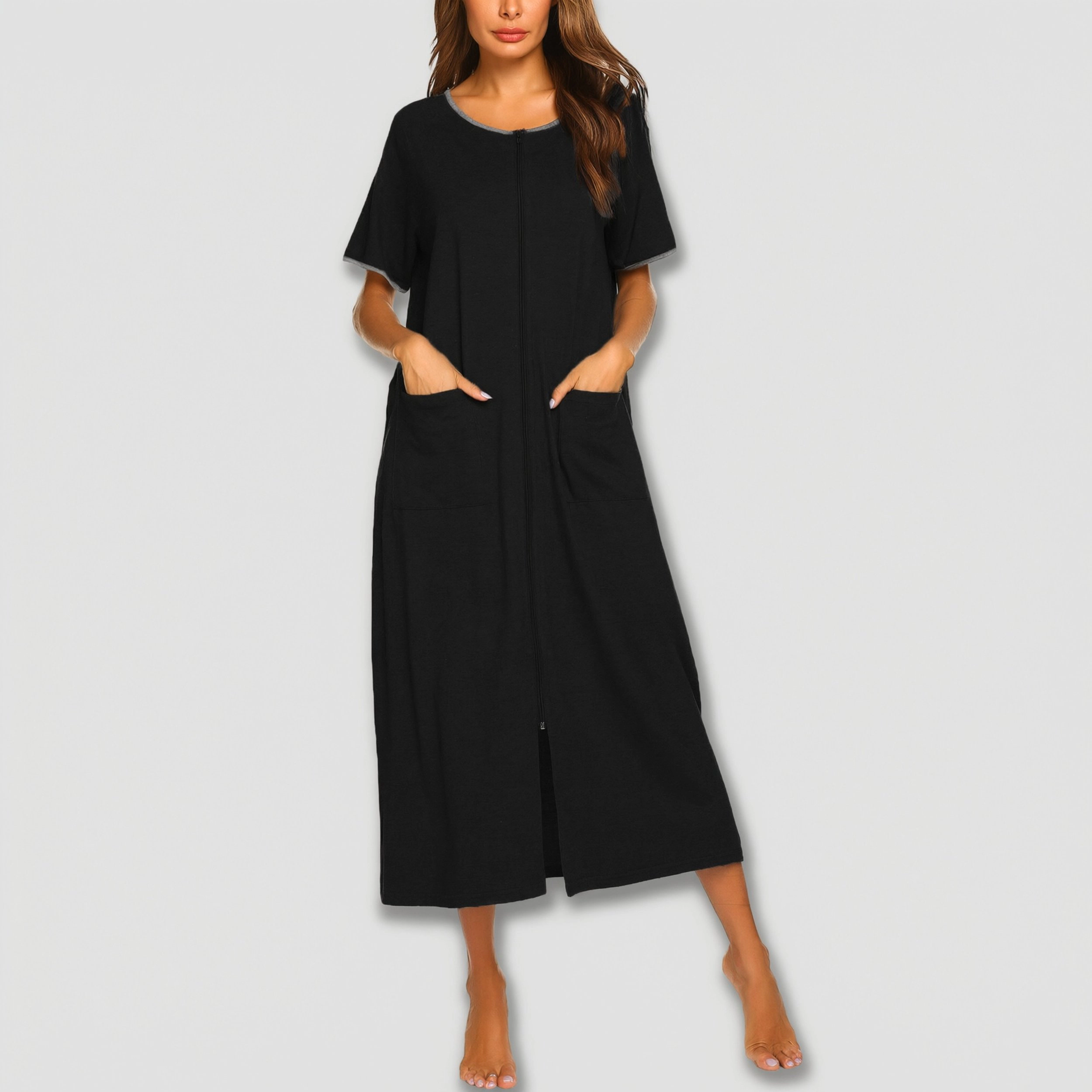 Ekouaer Women Robes Zipper Front Short Sleeve Full Length Housecoat with Pockets Loungewear