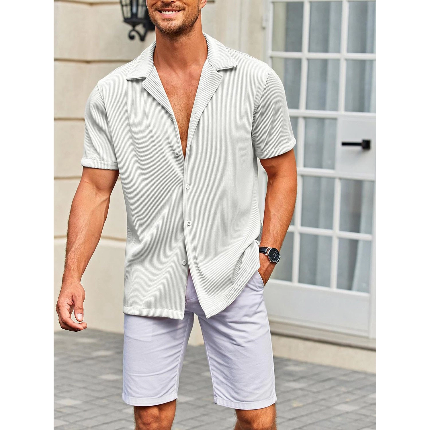 COOFANDY Mens Short Sleeve Button Down Shirt  Lapel V Neck Ribbed Casual Tops