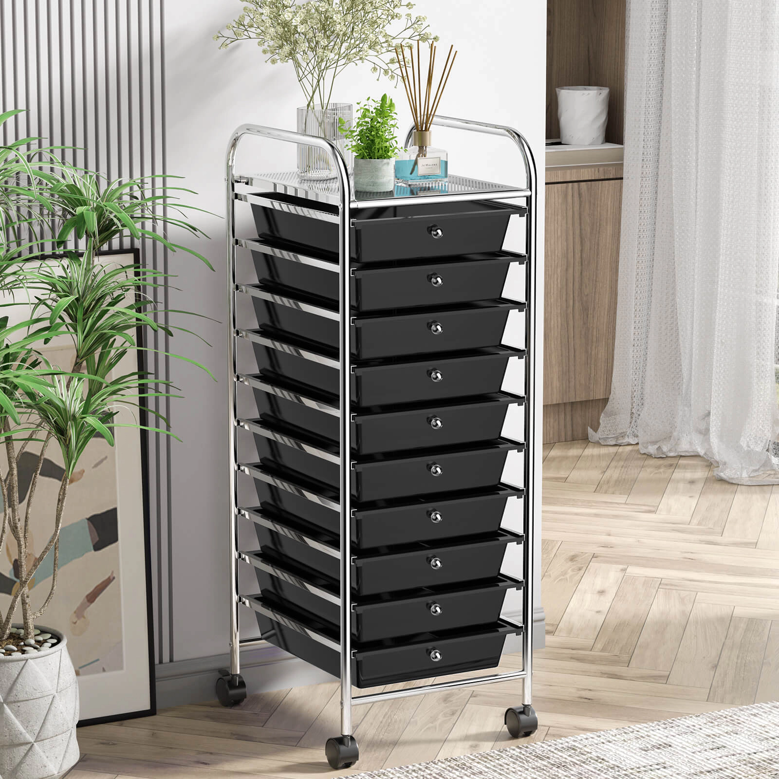 SUGIFT Black 13-in 10-Drawer Slim Rolling Cart Narrow Office Organizer with Pull-Out Trays and Wheels