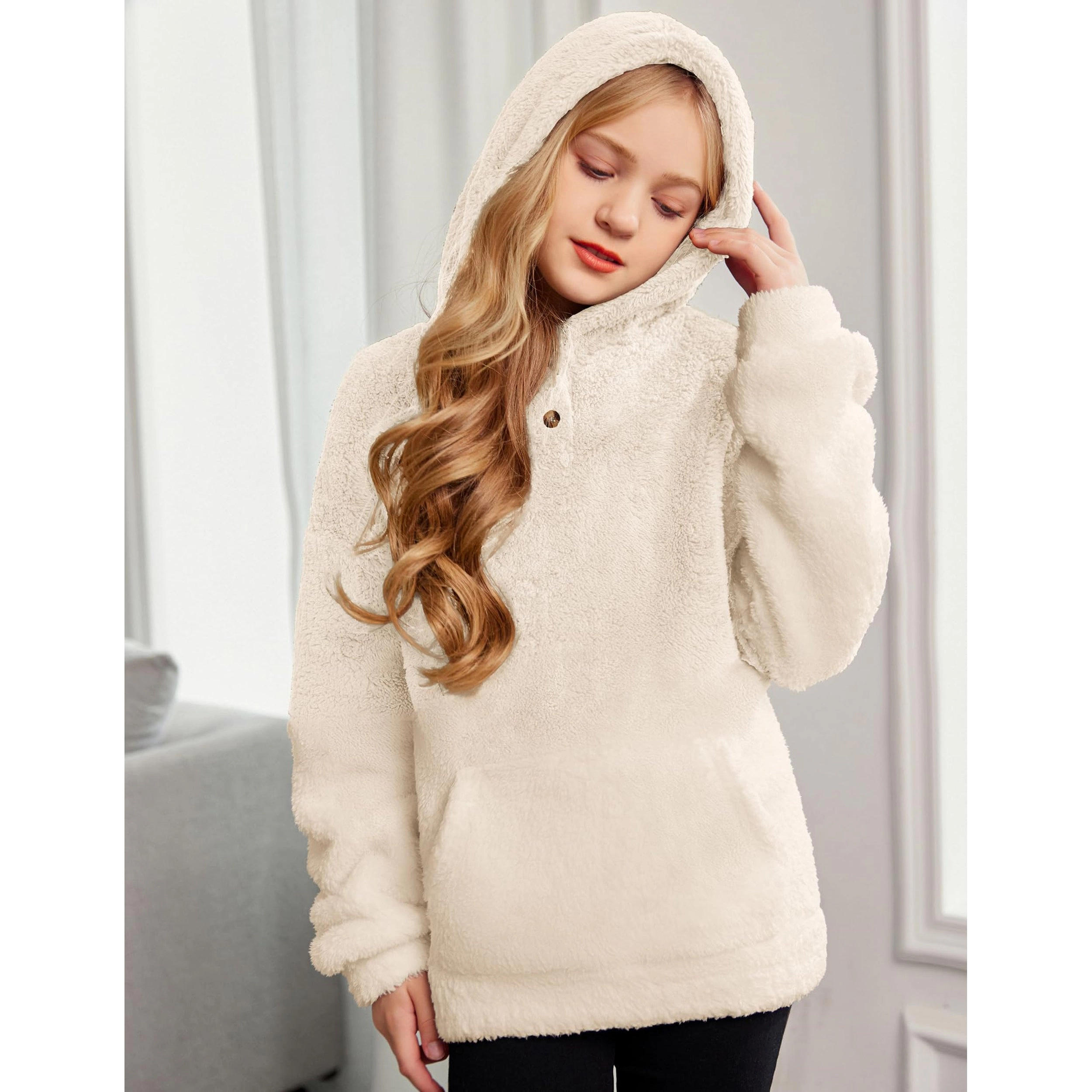 Arshiner Girls Sherpa Fleece Pullover Hoodie Button Up Outerwear with Pockets
