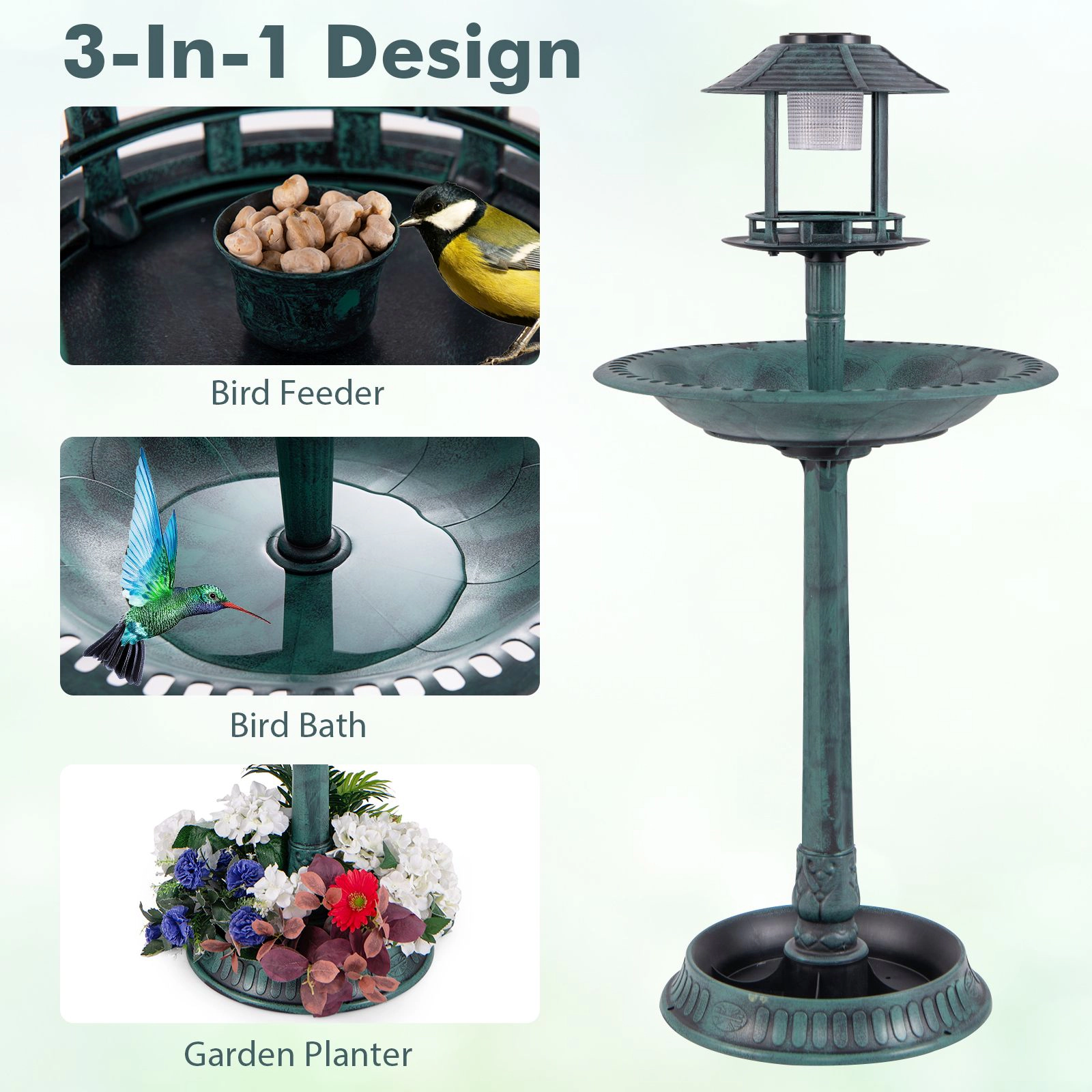 SlickBlue 3-in-1 Outdoor Bird Bath with LED Light, Flower Planter and Seed Bowl