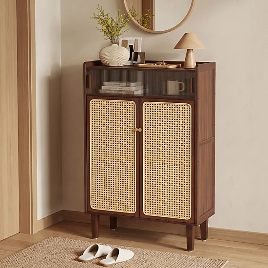 LJG 5-Tier Bamboo Shoe Cabinet with Woven Rattan Doors and Sliding