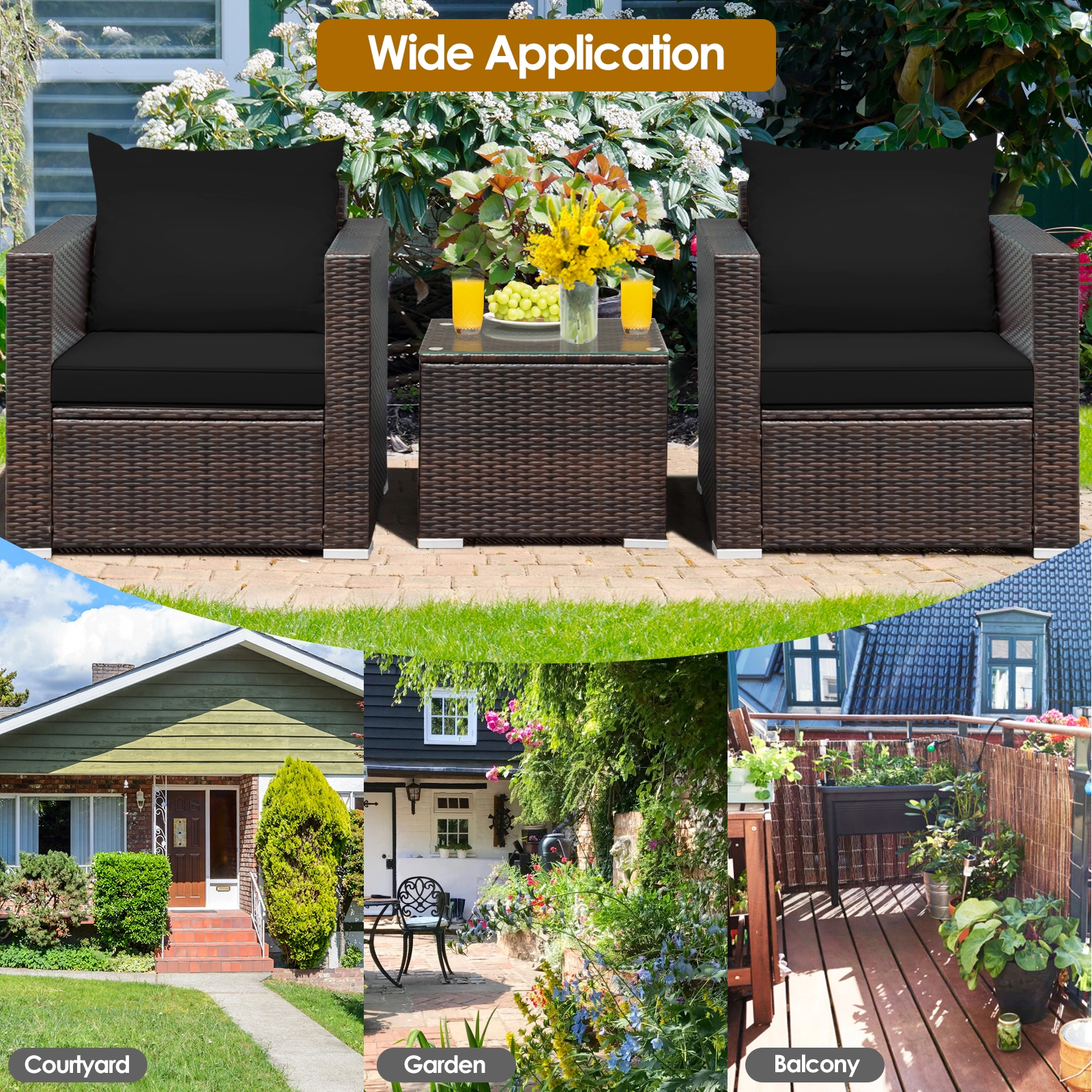 SUGIFT 3-Piece Black Rattan Patio Conversation Set with 2 Cushioned Armchairs and Glass Table