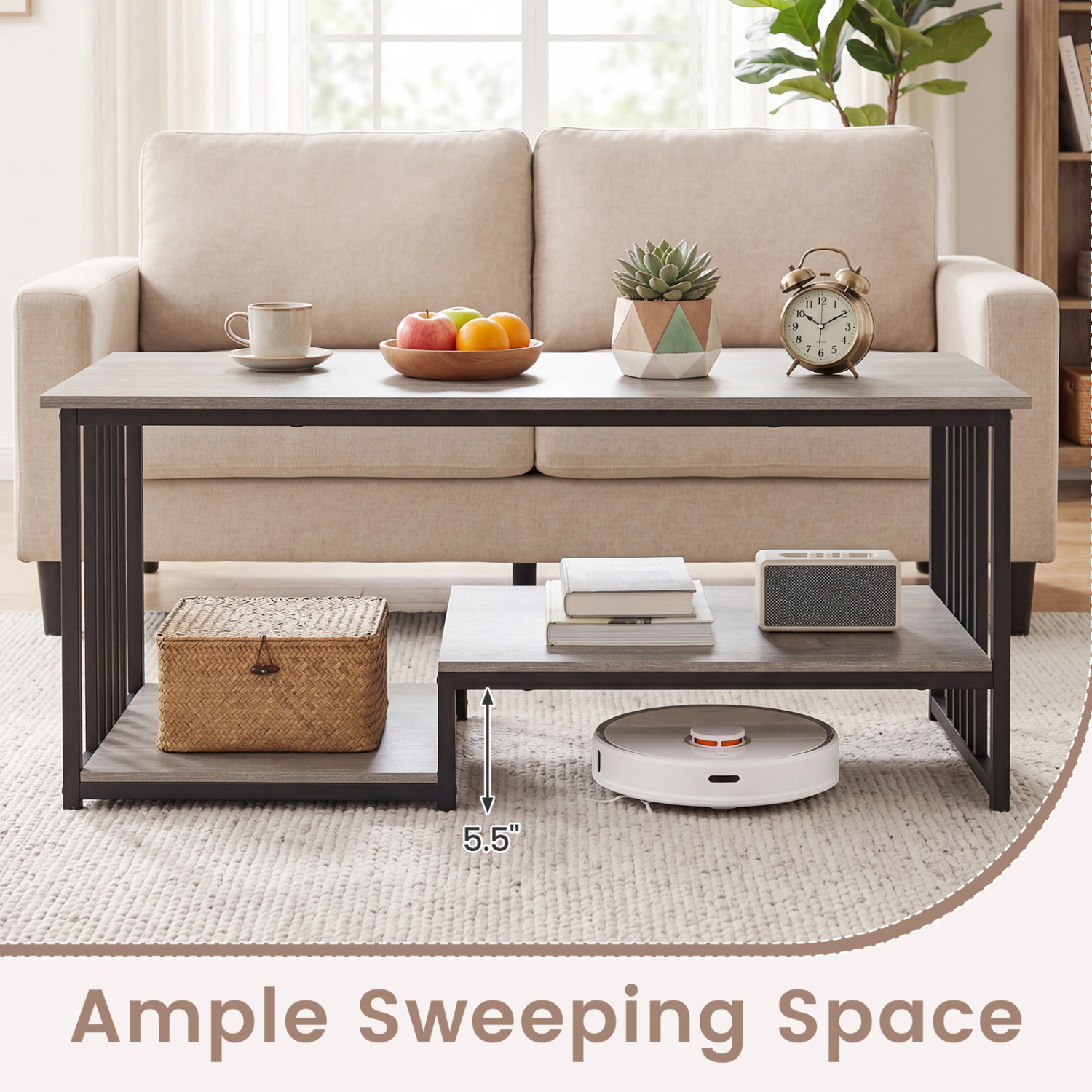 Glintex 2-Tier 43.5-Inch Coffee Table with Open Shelf and Metal Frame
