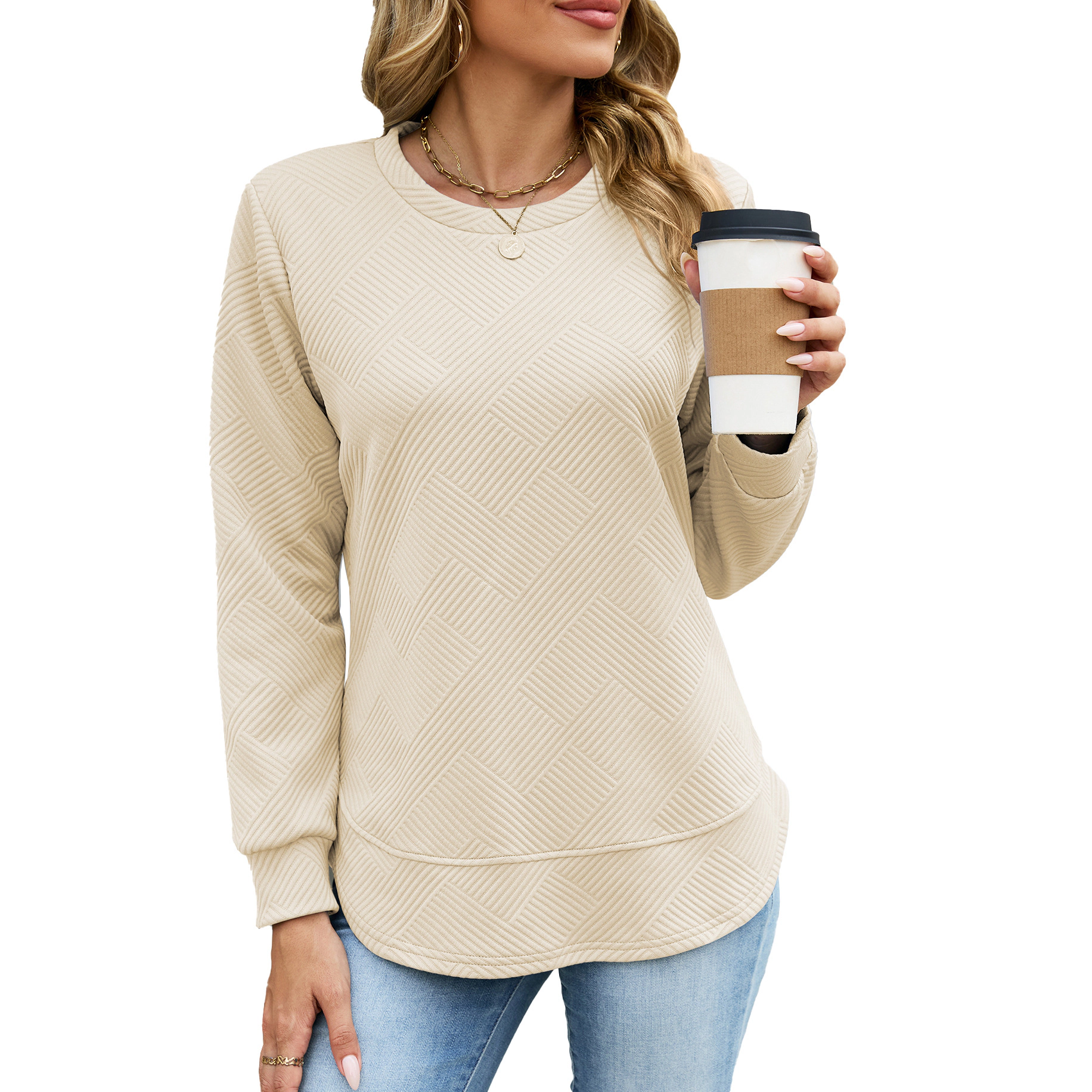 Enchanted Funland Womens Crew Neck Textured Long Sleeve Curved Hem Pullover Tops